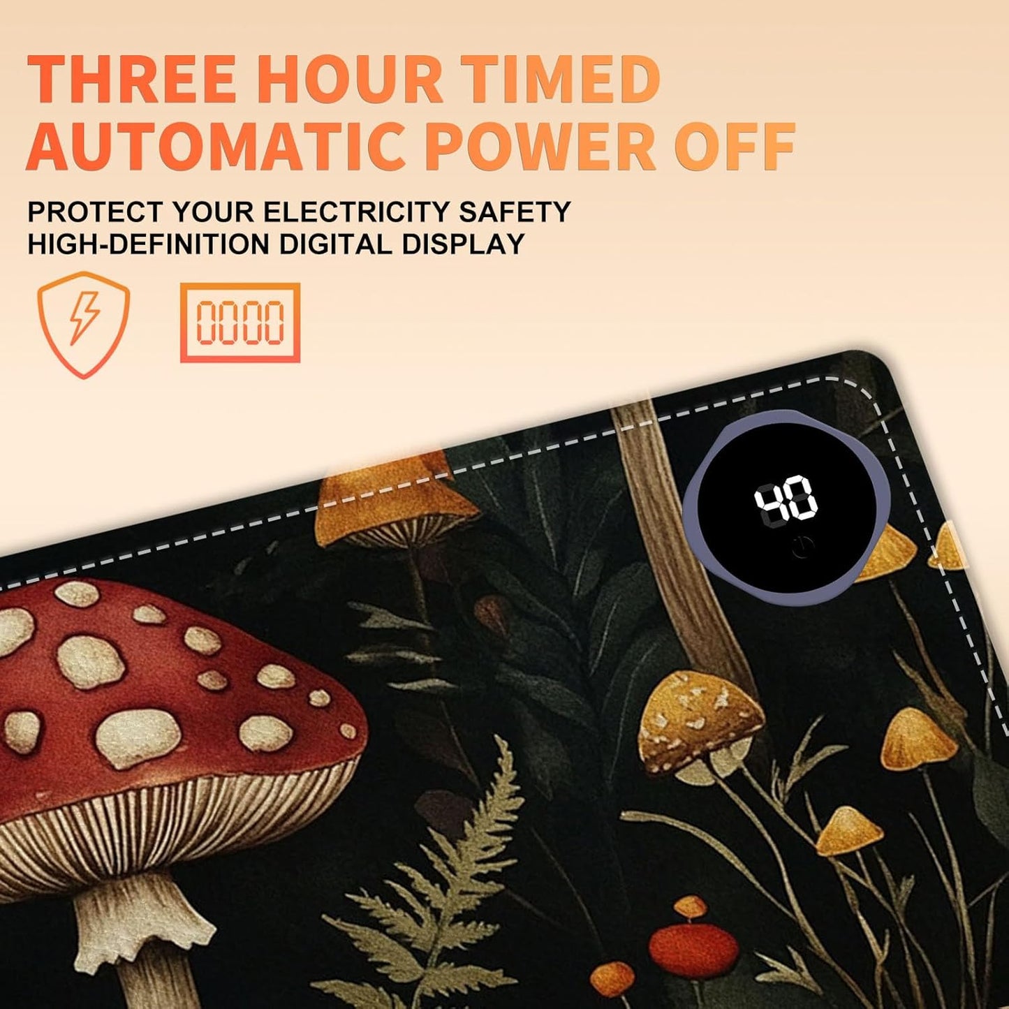 Heated Mouse Pad 31.5x13 in 3-Temp Fast Heating Desk Mat with Auto Timer Warmer for Hands Wrist Pain Relief Waterproof Keyboard Mat for Office, Gaming, Home, Mushroom Forest