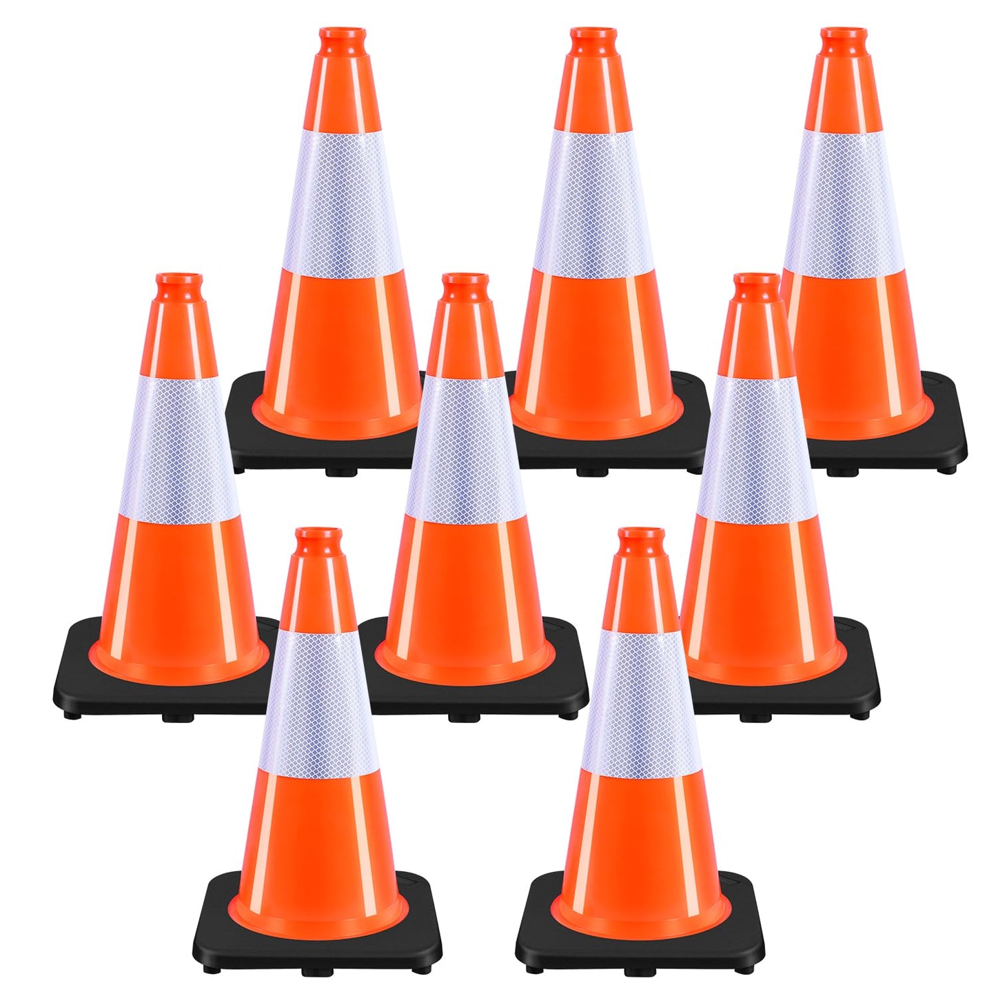 (8 Pack) 18 Inch Heavy Duty Traffic Cones with Reflective Collars, PVC Orange Safety Cones & Black Weighted Base for Parking Lots, Construction, Road Control