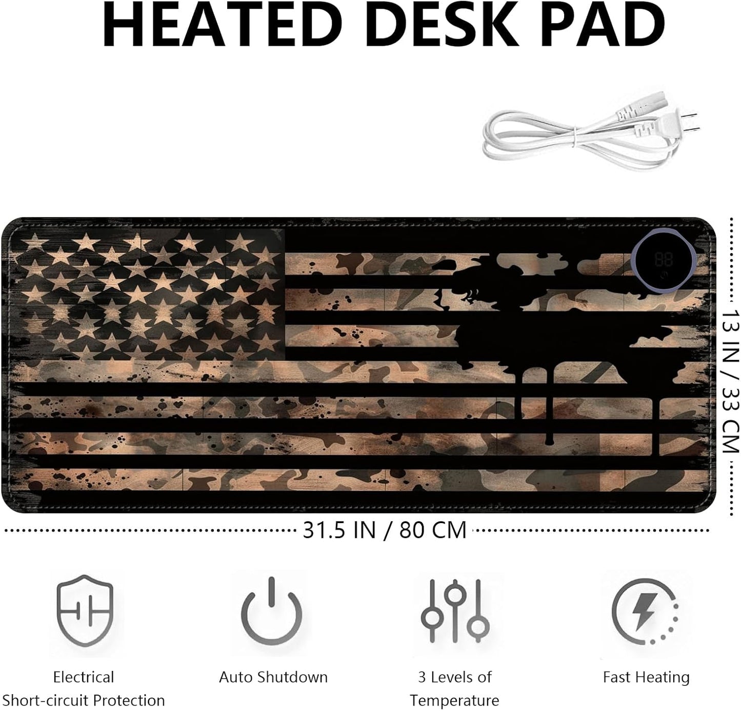 Heated Mouse Pad with 3 Levels Heated & 3 Hours Auto Shut-Off Mouse Pad for Warming Hands in Office Home, 31.5" x 13"Large Safe Desk Mat Hand Warmer，Vintage Flag