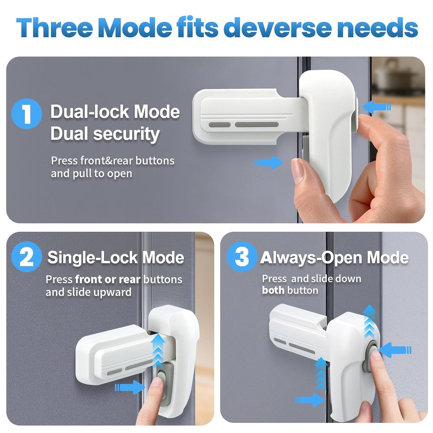 2 Pack Dual Mode Fridge Locks, Upgraded Child Proof Refrigerator Lock with Sticky Adhensive Pads, Durable ABS Freezer Door Latch to Keep Door Closed, No Tools Need or Drill (White)