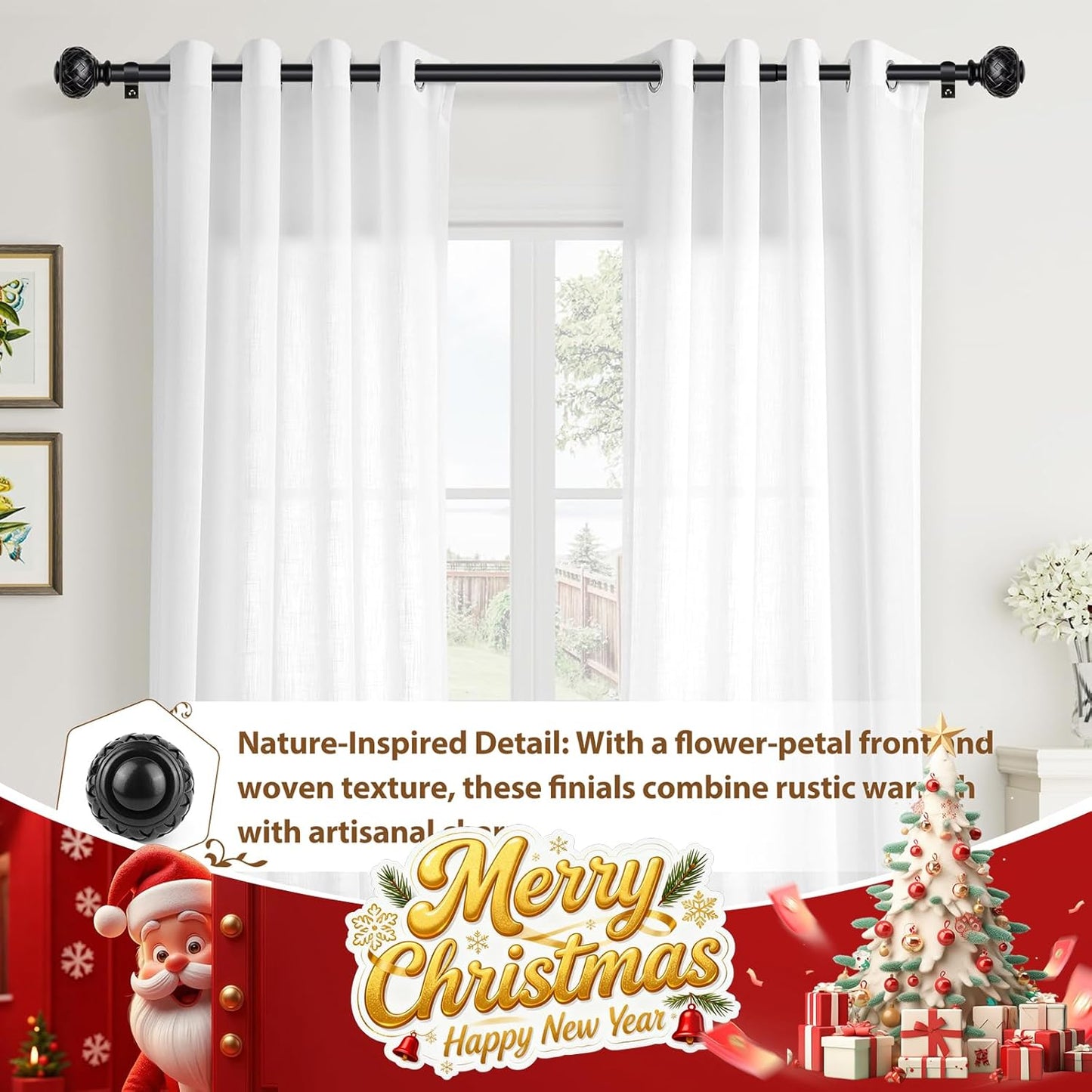 TONIAL Black Curtain Rod 32 to 144 Inches, 7/8 Adjustable Curtain Rods for Windows 20 to 144 Inches, Splicing Drapery Rods Heavy duty with Netted Texture Finials