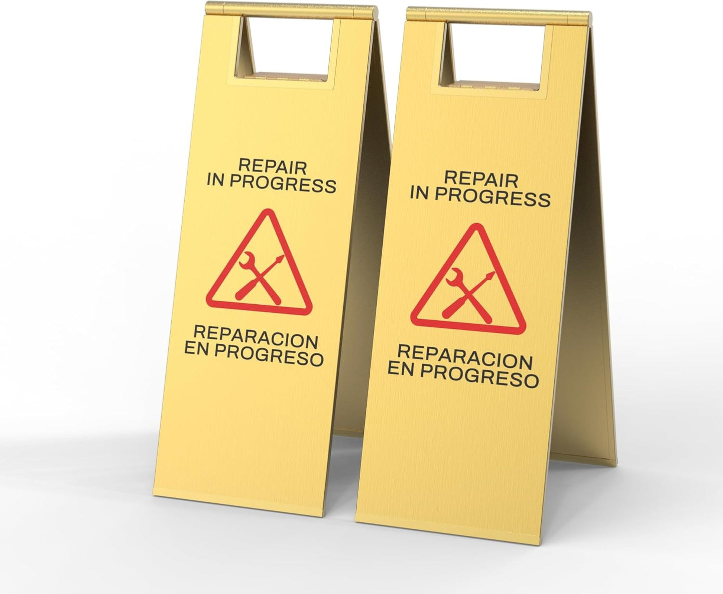2 Pcs Maintenance Work in Progress Floor Sign , 24 Inch Stainless Steel Repair In Progress Sign Double Sided Foldable Bilingual Commercial Safety Warning for Hotel Market Restroom Restaurant Office (Gold)