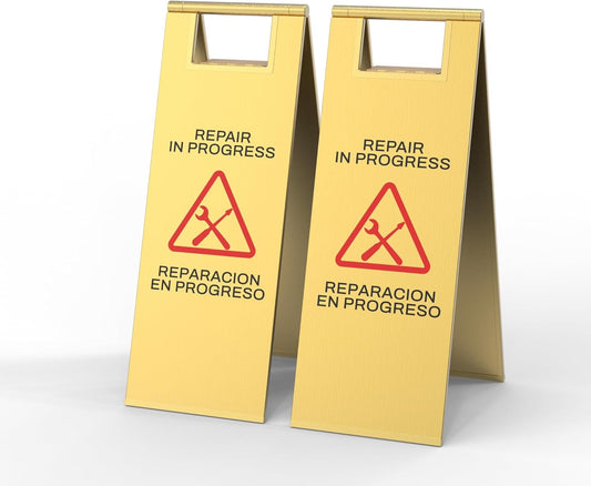 2 Pcs Maintenance Work in Progress Floor Sign , 24 Inch Stainless Steel Repair In Progress Sign Double Sided Foldable Bilingual Commercial Safety Warning for Hotel Market Restroom Restaurant Office (Gold)