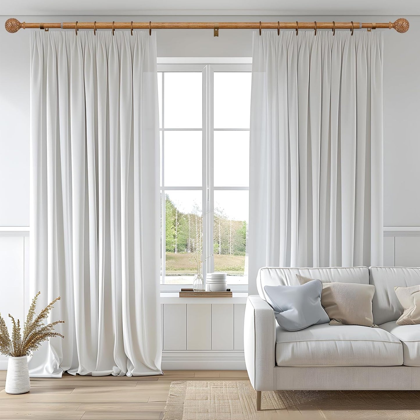 2 Pack Boho Wood Curtain Rods for Windows 48 to 84 inch,1" Adjustable Heavy Duty Window Curtain Rod with Imitation Wood Grain Finials,Rustic Decorative Drapery Rods Set 36-88'',Natural Wood