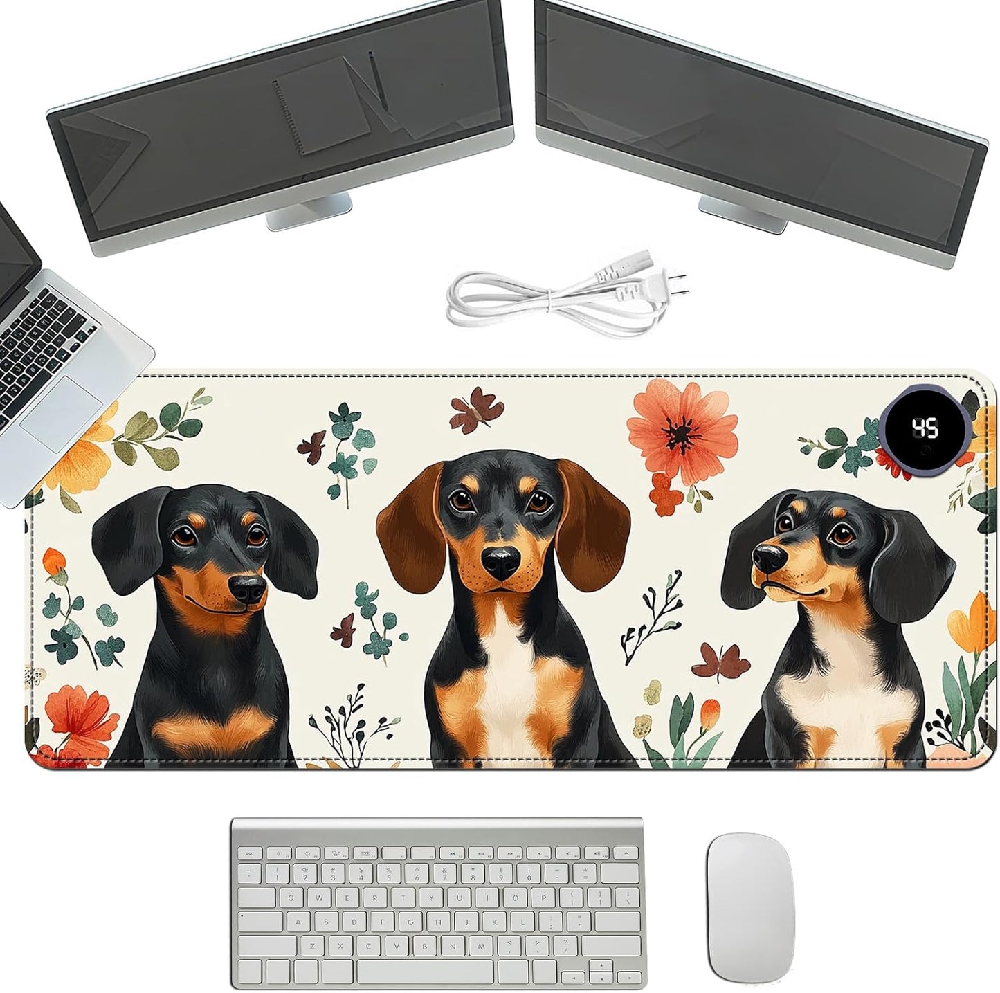 Heated Mouse Pad with 3 Temperature Settings(104°F–122°F),Large 31.5x13 Inch PU Leather Heated Desk Mat,Waterproof Warming Pad for Office,Gaming & Cold Hands Relief,Dogs and Flowers