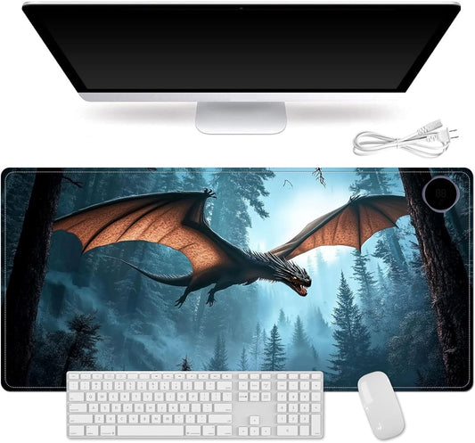 Heated Mouse Pad for Desk 31.5" x 13" – PU Leather Warm Desk Pad with 3 Heat Levels (104°F/113°F/122°F), Plug-in Electric Heating Mat with Auto Shut-Off, Waterproof & Rollable, Flying Dragon