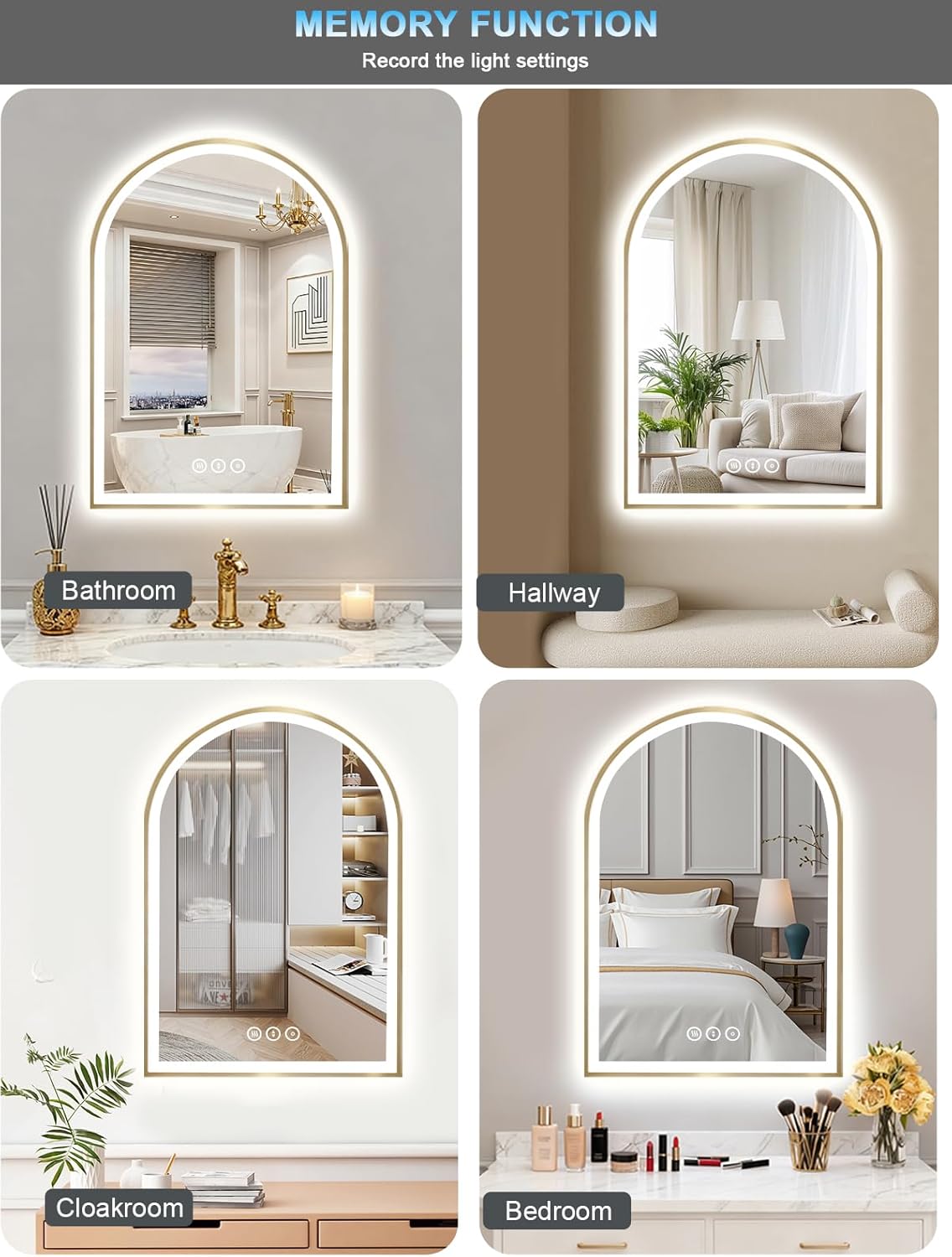 20x30 Inch Arch LED Bathroom Mirror, Gold Lighted Bathroom Mirrors Wall Mounted, Vanity Mirror with Anti-Fog, Memory Function, 3 Color Temperature, Dimmable Led Mirror for Bathroom