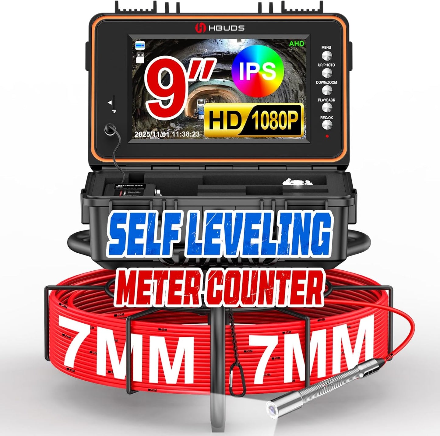 Sewer Camera, Self Leveling Drain Camera 200ft with Meter Counter, 7mm Thick Cable, 9" HD Screen 1080P Plumbing Cameras Snake with Light, 5100mAh Battery Duct Pipe Video Inspection Cam DVR 32GB