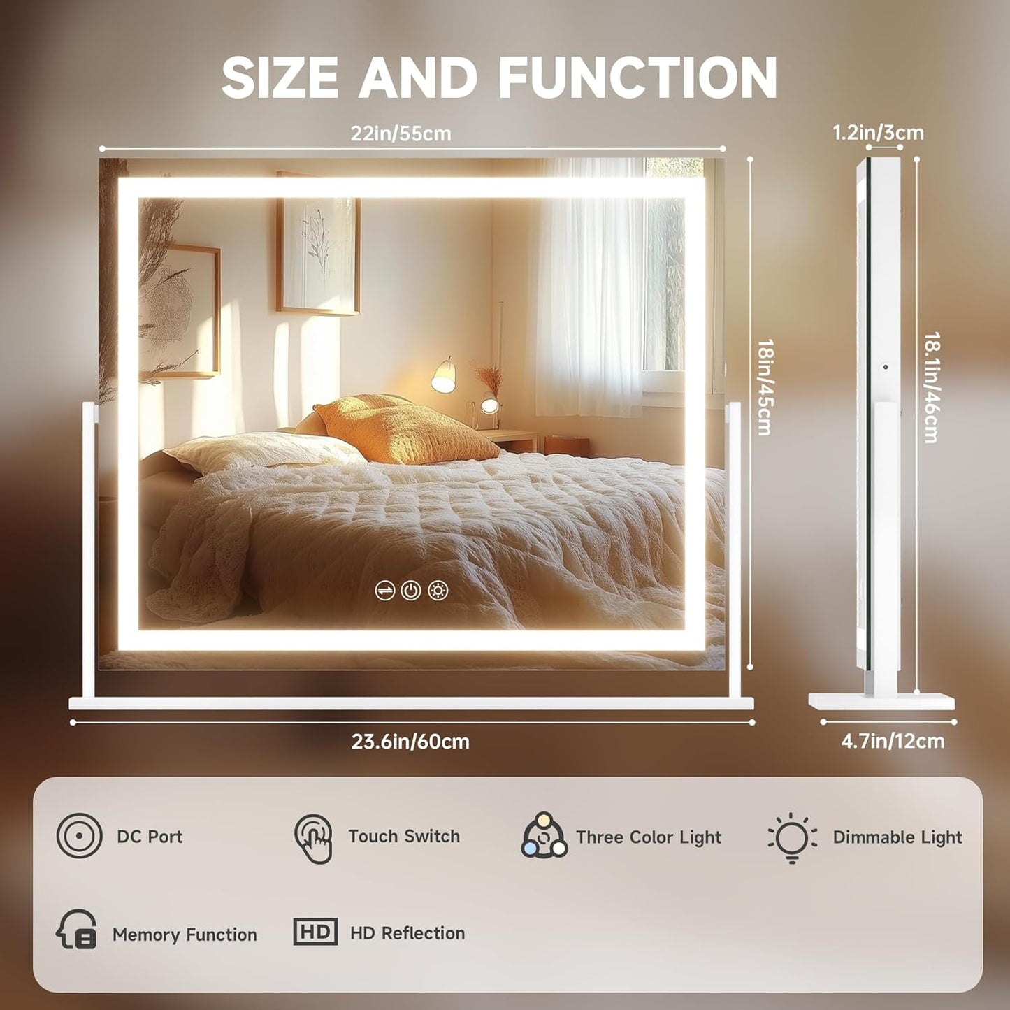 Hasipu Vanity Mirror with Lights, 23.6" x 18.1" LED Makeup Mirror, Light up Mirror with Smart Touch 3 Colors Dimmable, Brightness Adjustment, 360° Rotation (White)