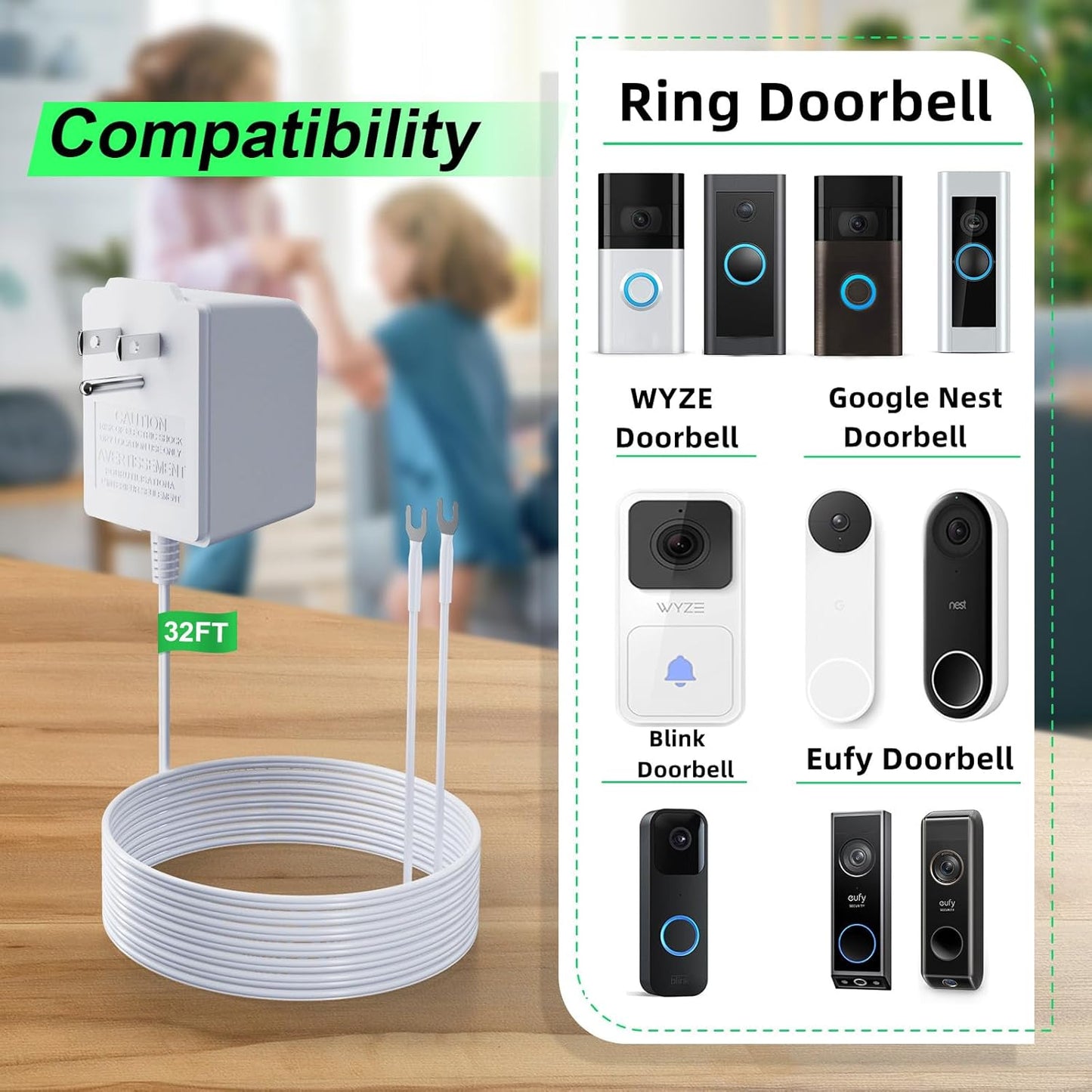 24 Volt Doorbell Transformer Power Supply for Ring Video Doorbell,Compatible with Ring,Google Nest,WYZE, Eufy,Blink Video Doorbells(𝟑𝟑𝐅𝐓 𝐄𝐱𝐭𝐞𝐧𝐬𝐢𝐨𝐧 𝐂𝐨𝐫𝐝)