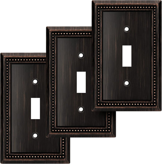 Henne Bery Sunken Pearls Heavy Duty Decorative Wall Plate Switch Plate Outlet Cover (Single Toggle, 3 Pack, Aged Bronze)