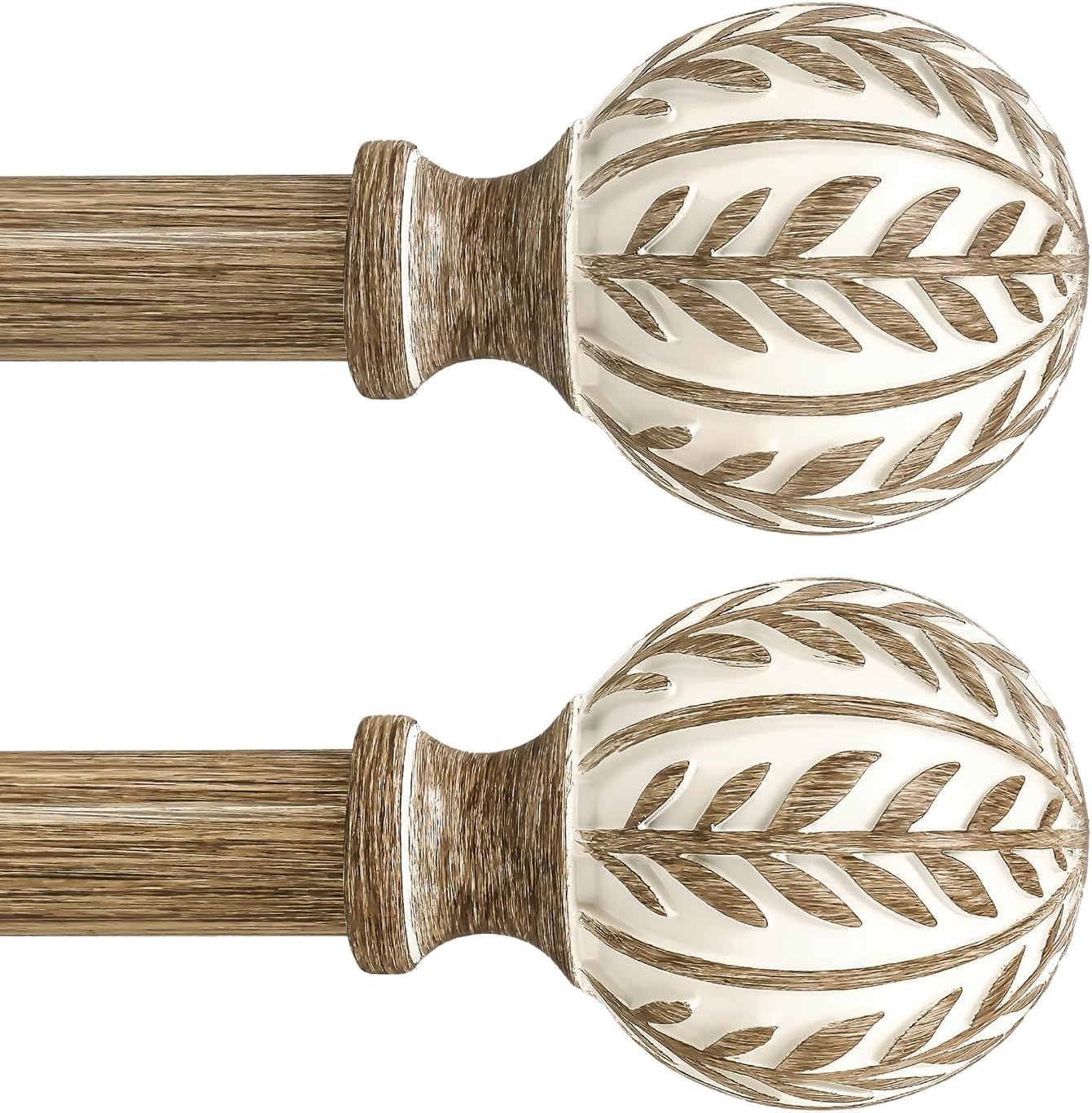 2 Pack Boho Wood Curtain Rods for Windows 48 to 84 inch,1" Adjustable Heavy Duty Window Curtain Rod with Imitation Wood Grain Finials,Rustic Decorative Drapery Rods Set 36-88'',Weathered Wood