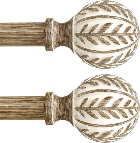 2 Pack Boho Wood Curtain Rods for Windows 28 to 48 inch,1" Adjustable Heavy Duty Window Curtain Rod with Imitation Wood Grain Finials,Rustic Decorative Drapery Rods Set 18-60'',Weathered Wood