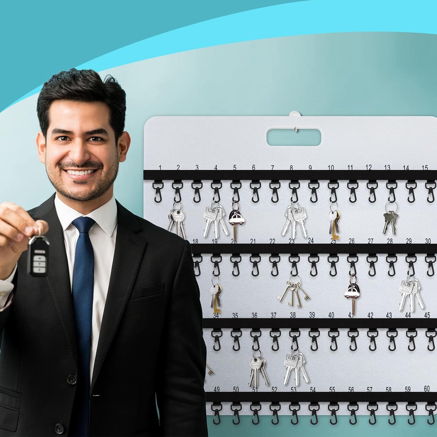 24'' x 24'' Key Rack Wall Mount with 38 Numbered Self Closing Hooks Felt Key Holder Board Storage for Car Dealer Property Manager Valet Parking Residential Small Businesses