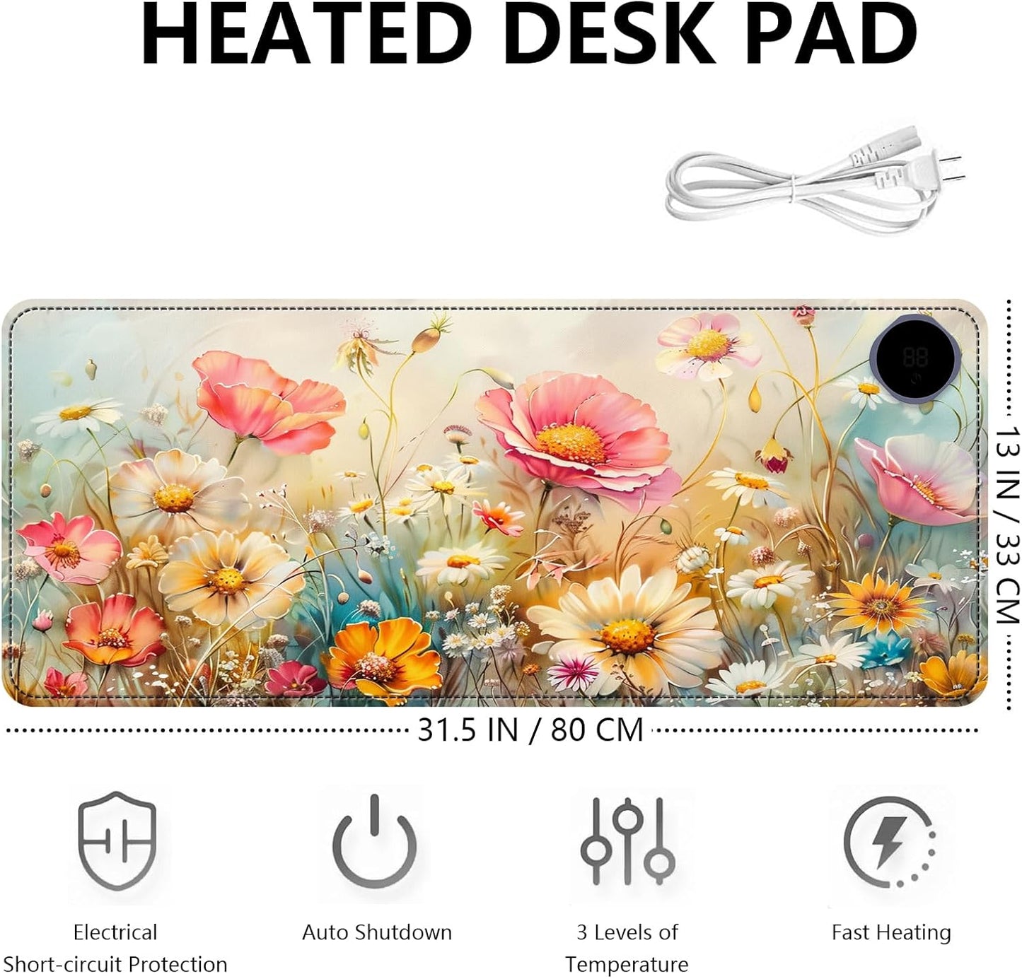 Heated Mouse Pad with 3 Levels Heated & 3 Hours Auto Shut-Off Mouse Pad for Warming Hands in Office Home, 31.5" x 13"Large Safe Desk Mat Hand Warmer，Colorful Flowers