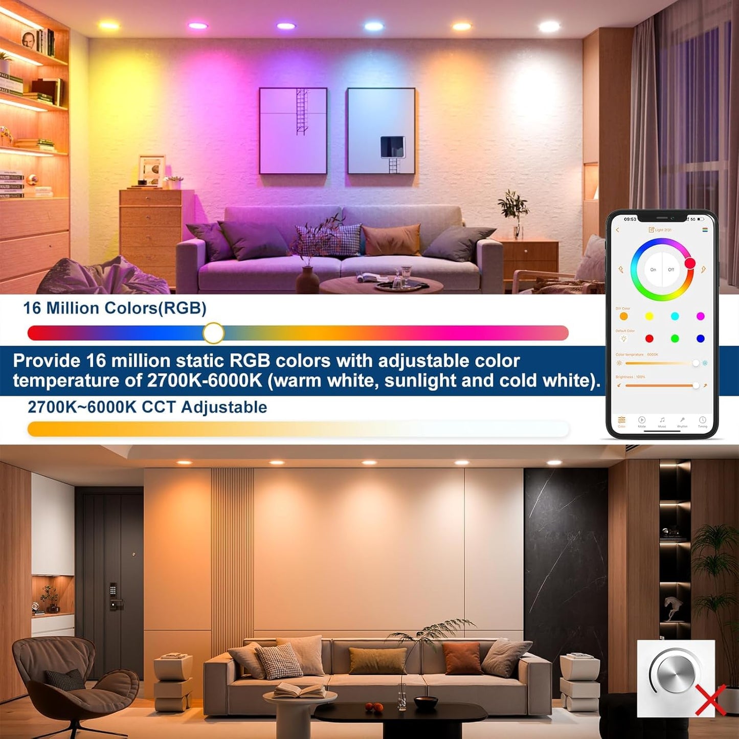 24Pack Smart Recessed Lighting 4 Inch RGBCW Color Changing 12W LED Downlight with Junction Box,1000 Lumen Recessed Ceiling Light Compatible with Alexa,Dimmable by Bluetooth Control