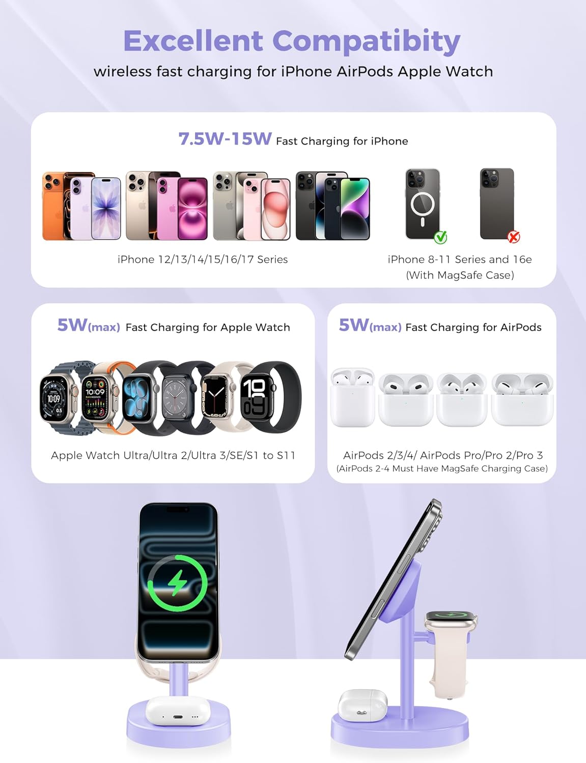 2025 3 in 1 Wireless Charging Station for Apple MagSafe Charger, 15W Fast Magnetic Mag-Safe Charger Stand for iPhone 17 16 15 14 13 12 Apple Watch AirPods Compatible with MagSafe, Purple