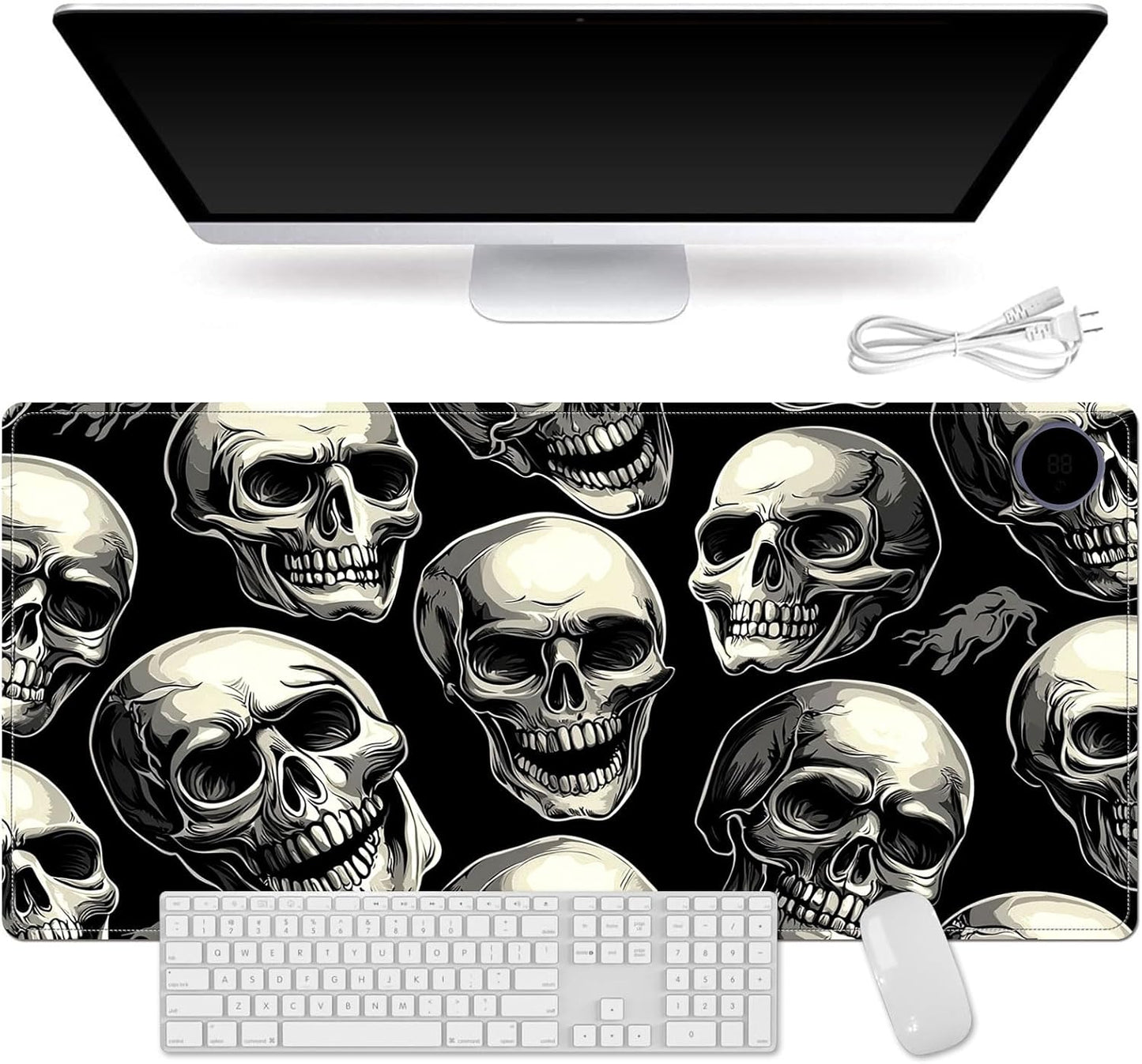 Heated Mouse Pad for Desk 31.5" x 13" – PU Leather Warm Desk Pad with 3 Heat Levels (104°F/113°F/122°F), Plug-in Electric Heating Mat with Auto Shut-Off, Waterproof & Rollable, Skull Pattern
