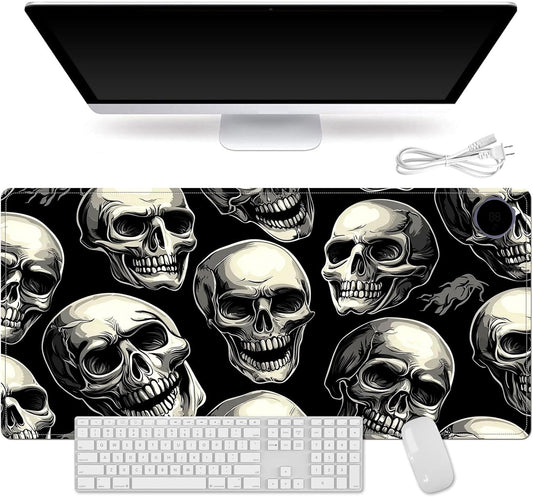 Heated Mouse Pad for Desk 31.5" x 13" – PU Leather Warm Desk Pad with 3 Heat Levels (104°F/113°F/122°F), Plug-in Electric Heating Mat with Auto Shut-Off, Waterproof & Rollable, Skull Pattern