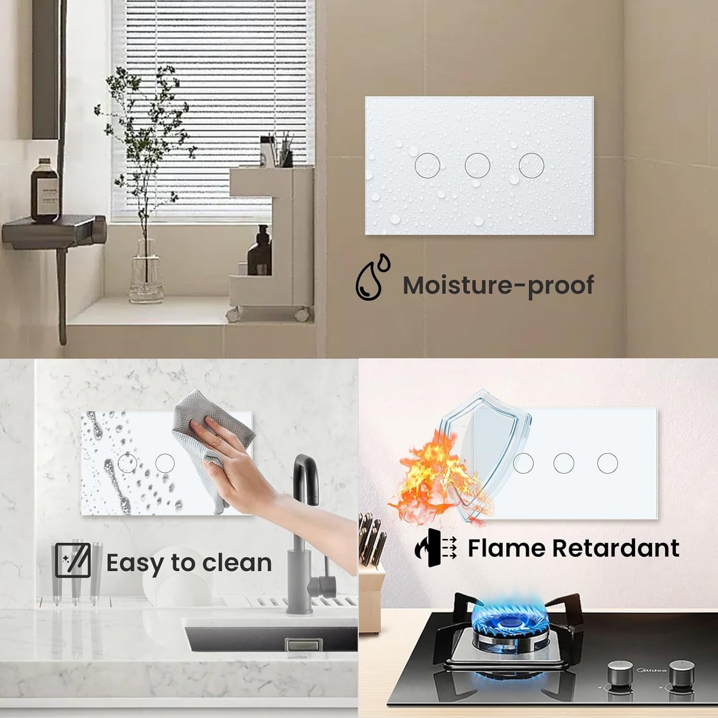 2 Way Light Switch 118X72X34MM No Neutral Wire, Wall Touch Switch 1000W, Tempered Glass Panel, FCC, White 3 Gang