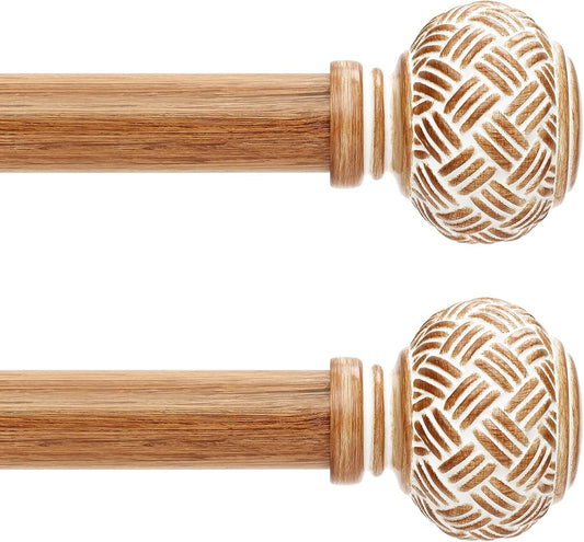 2 Pack Wood Curtain Rods for Windows 28 to 48 Inches, Decorative 1'' Diameter Heavy Duty Adjustable Rustic Farmhouse Drapery Pole with Boho Imitation Wooden Grain Finials, Size: 30''-60'', Brown