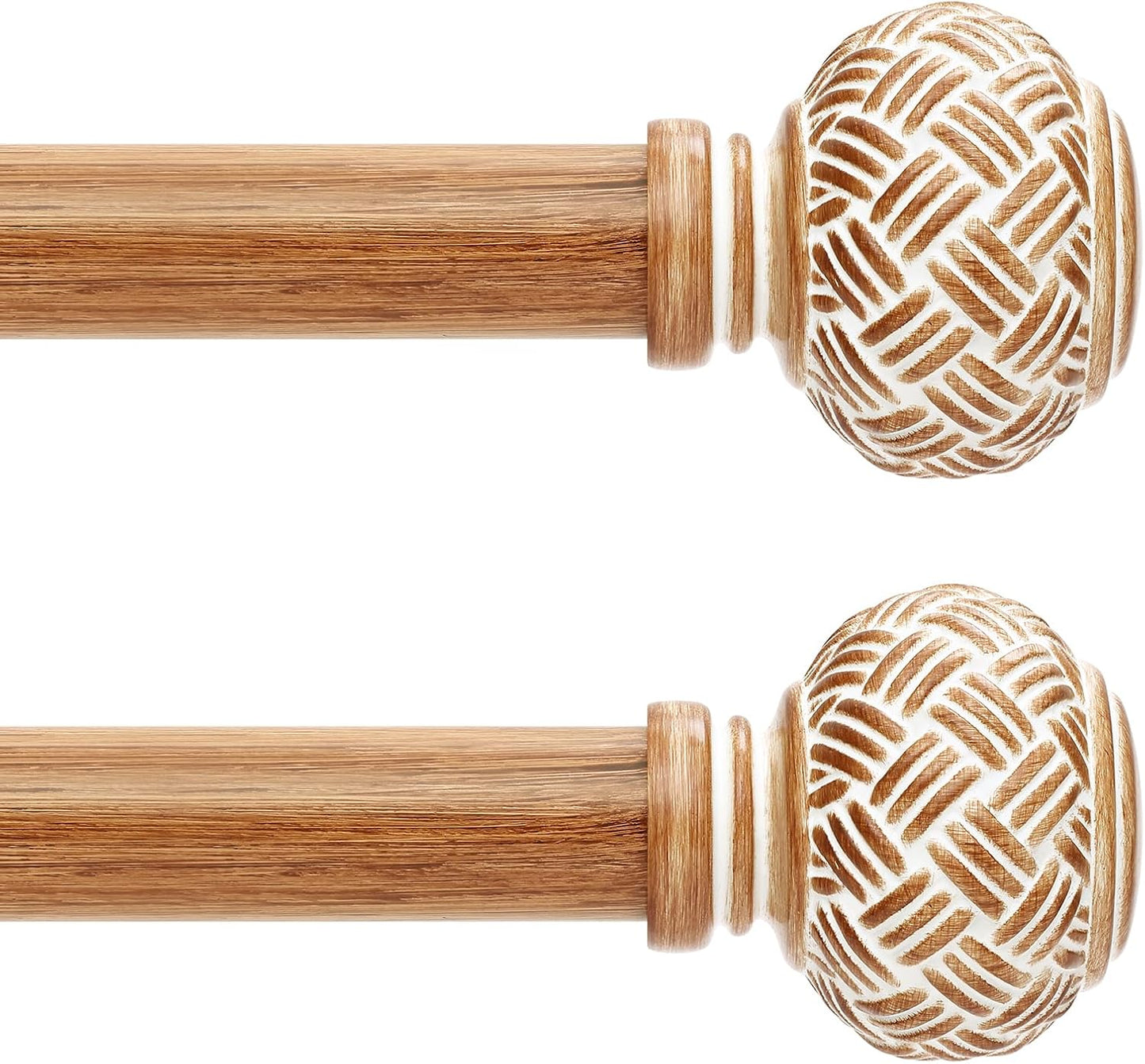 2 Pack Wood Curtain Rods for Windows 48 to 84 Inches, Decorative 1'' Diameter Heavy Duty Adjustable Rustic Farmhouse Drapery Pole with Boho Imitation Wooden Grain Finials, Size: 30''-88'', Brown