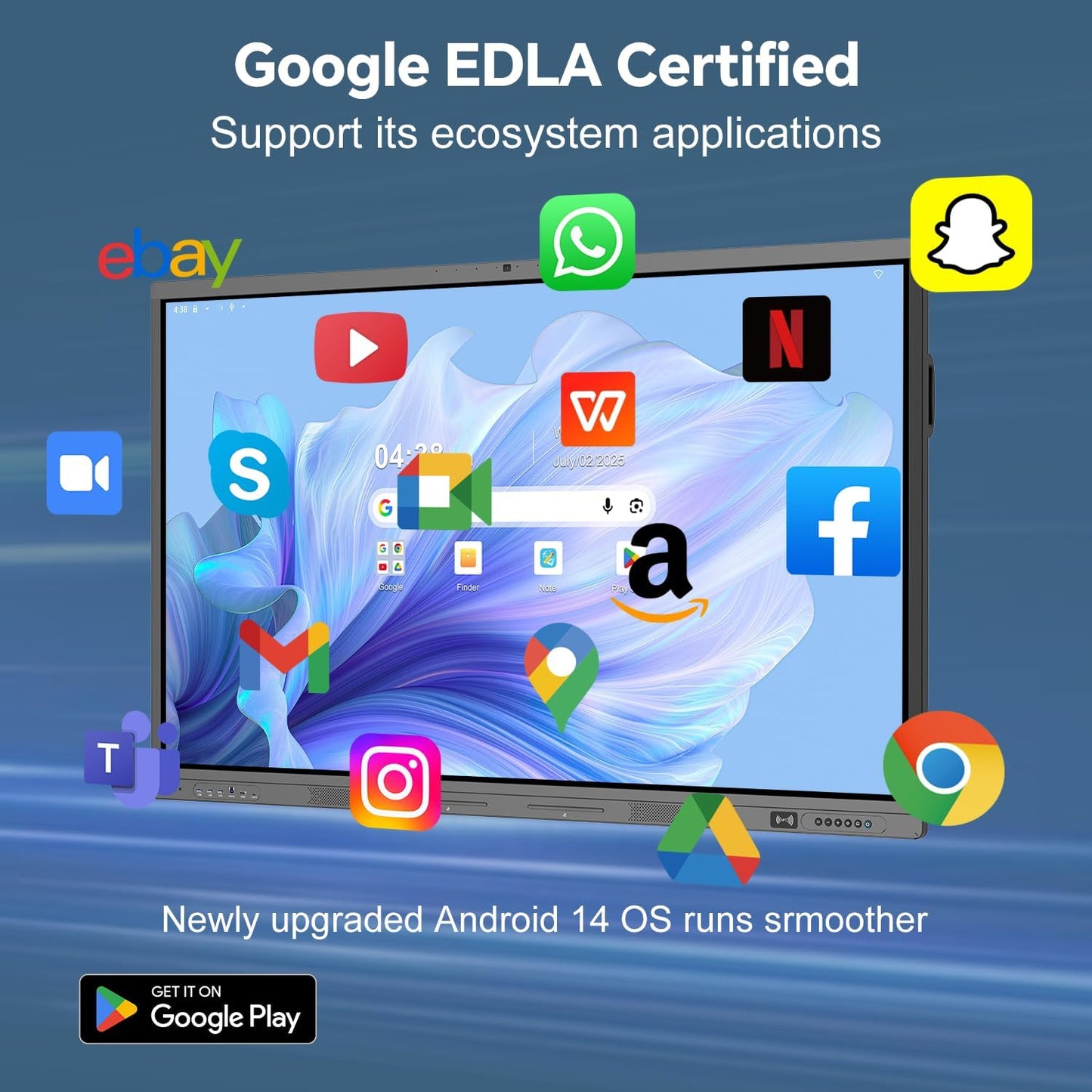 65" Smart Board, 4K Digital Whiteboard for Office, Hybrid Work & Classrooms, Google EDLA-Certified Interactive Whiteboard with Android 14, OTA Updates & Open Apps Ecosystem, 8+128GB Storage