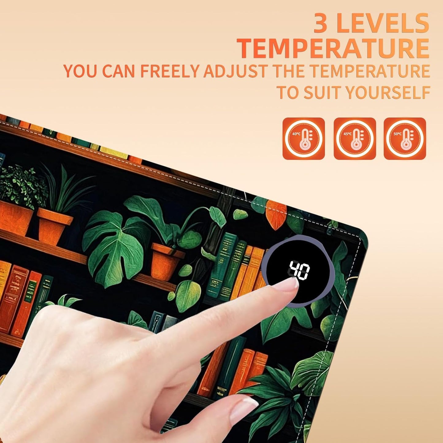 Heated Mouse Pad 23.6 x 14 in 3-Temp Fast Heating Desk Mat with Auto Timer Warmer for Hands Wrist Pain Relief Waterproof Keyboard Mat for Office, Gaming, Home, Bookshelf Jungle