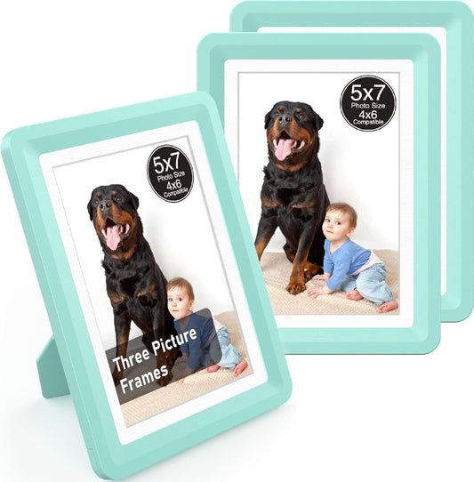 Green 5x7 Picture Frame with Acrylic Front 3 Pack, ABS Frame for 5x7 or 4x8 Photos, Shatterproof UV-Resistant Tabletop Photo Frame, Vertical/Horizontal Display for Home Décor