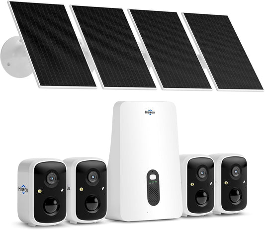 Hiseeu Solar Security Cameras Wireless Outdoor, 4 Cam-Kit, No Subscription, Expandable to 10CH, Wireless Home Security Camera System with 2K Color Night Vision, PIR/AI Detection, IP66, 2.4G & 5G WiFi