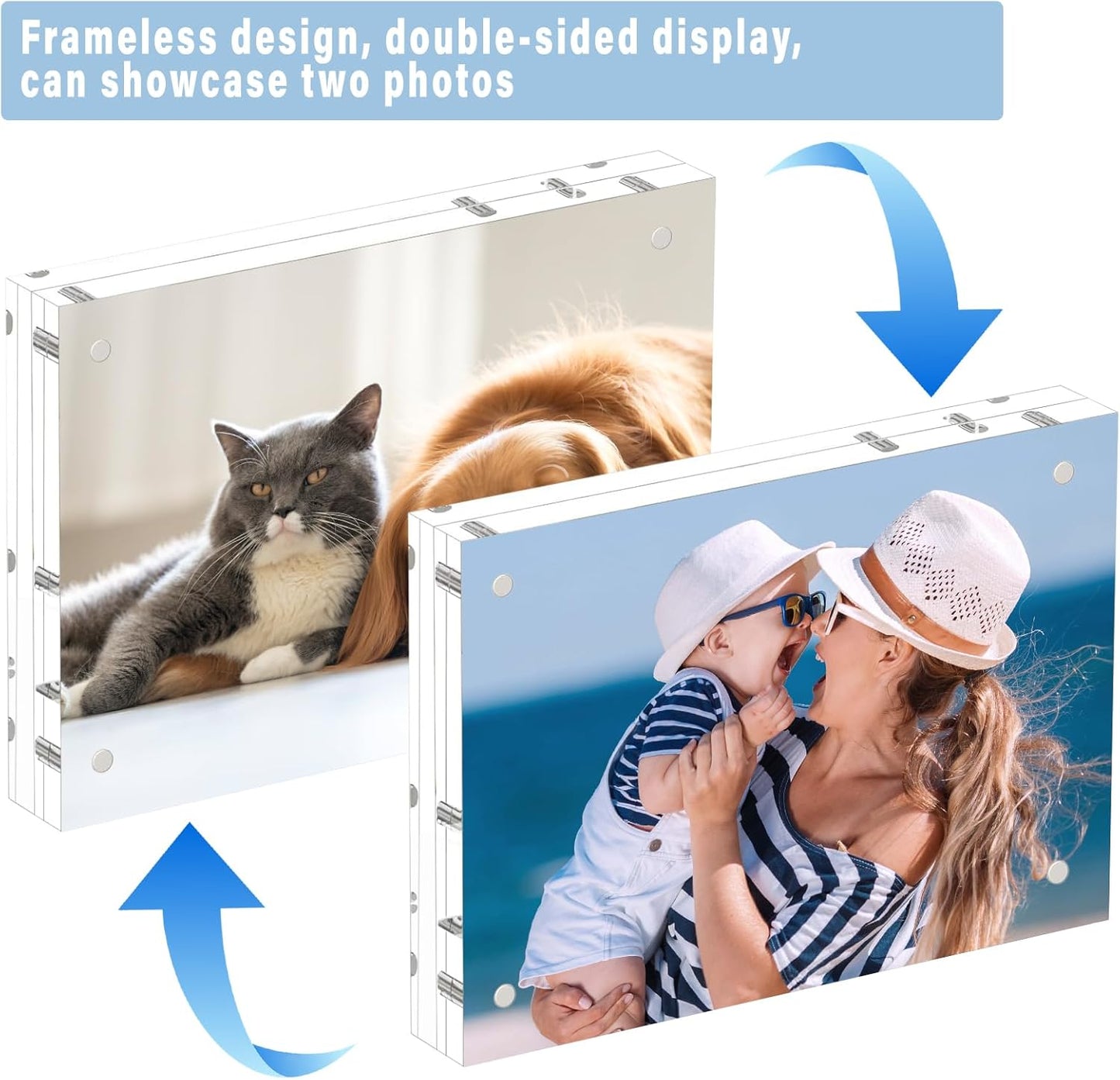 HELPLEX 3 Pack 3.5x5 Acrylic Picture Frames, 20mm Thicker Frameless Clear Frame Double Sided Magnetic Frame, Free Standing Desktop Display Stand Acrylic Frames