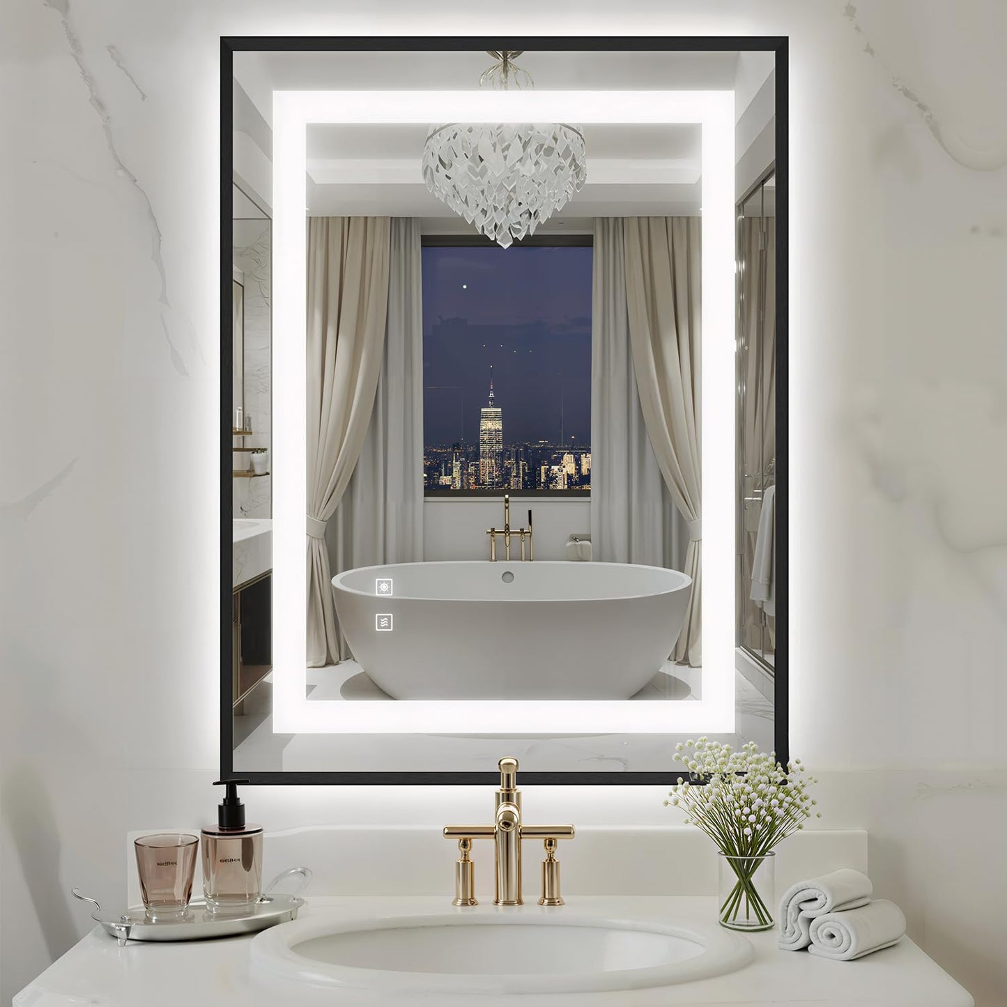 24X32 Inch LED Bathroom Mirror with Lights, Black Frame Frontlit+ Backlit Bathroom Vanity Mirror for Wall, Ultra-Clear Tempered Glass, Shatter-Proof, Anti-Fog and Memory Function, ETL Listed