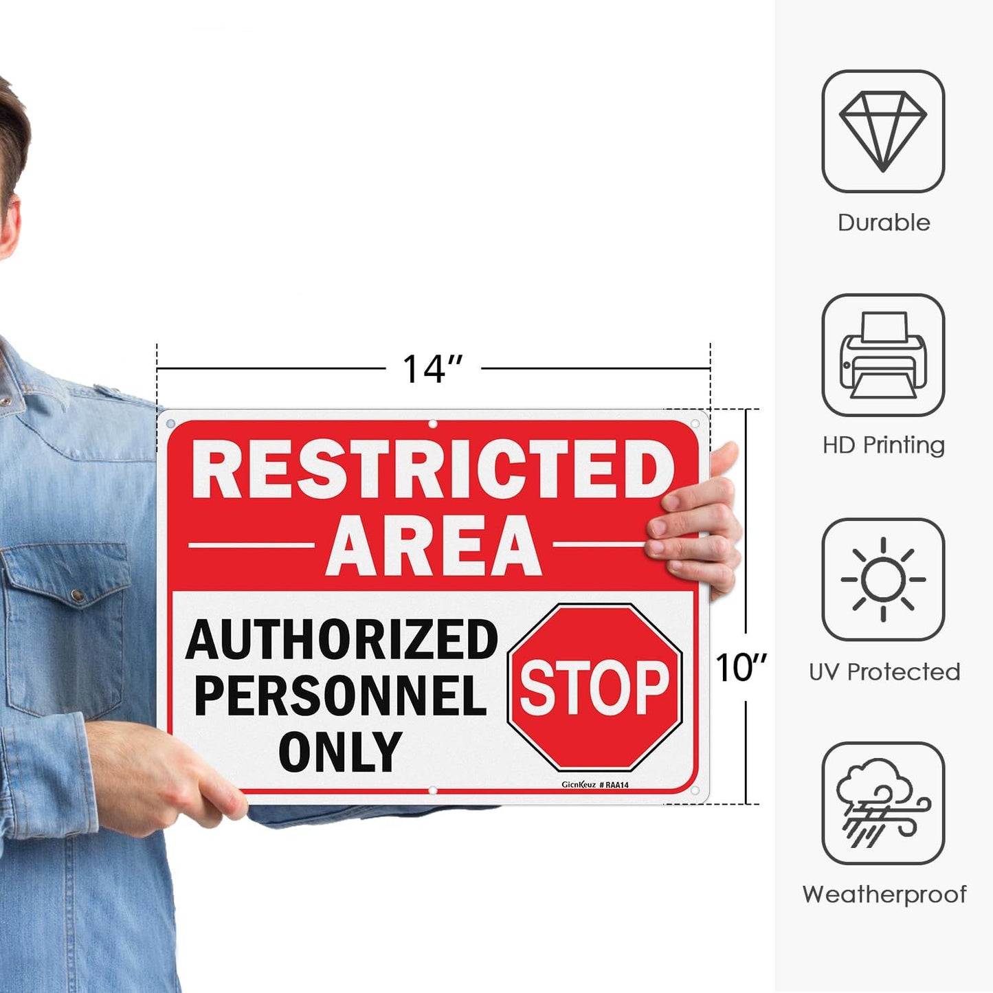 GicnKeuz Large Restricted Area Sign, 14x10 Inches Do Not Enter - Authorized Personnel Only Signs, Rust Free.40 Reflective Aluminum, Fade Resistant/Waterproof, 6 Pre-drilled Holes (1 Pack)