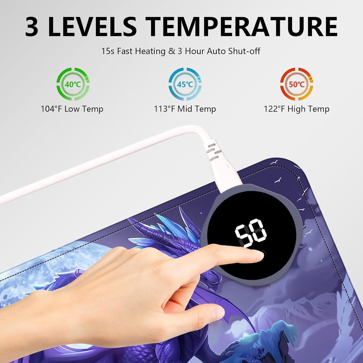 Heated Mouse Pad with 3 Levels Heated & 3 Hours Auto Shut-Off Mouse Pad for Warming Hands in Office Home, 23.6" x 14.2"Large Safe Desk Mat Hand Warmer，Angry Flying Dragon