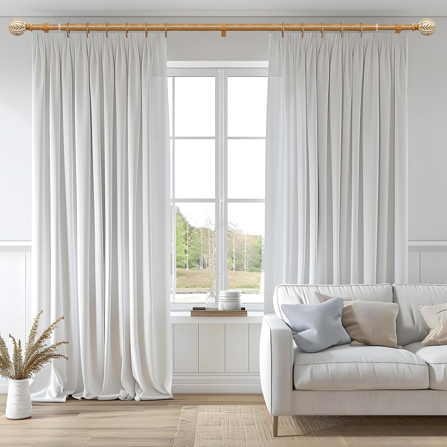 2 Pack Boho Wood Curtain Rods for Windows 48 to 84 inch,1" Adjustable Heavy Duty Window Curtain Rod with Imitation Wood Grain Finials,Rustic Decorative Drapery Rods Set 36-88'',Maple Wood