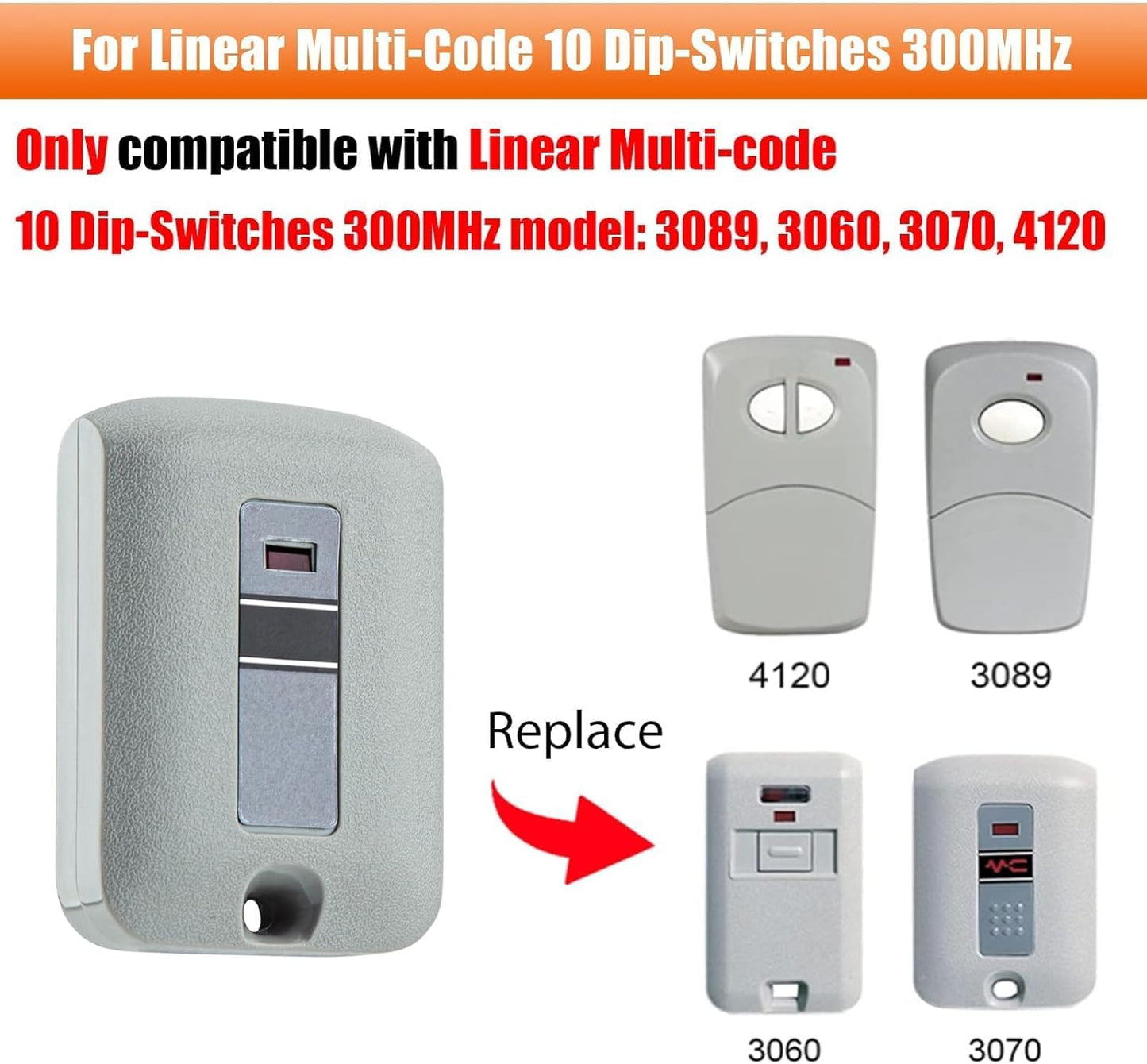 2-Pack Replacement Garage Door Opener Remote for Linear Multi-Code 3089, 308911, 3070, 307010, 10 Dip Switch Gate Opener, 300MHz Compatible
