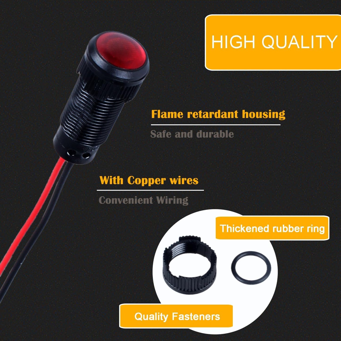 5pcs 10mm LED Indicator Light Plastic Black Signal Dot Lamp 110-220V AC 2/5" Mounting Hole Size with 15cm/5.9in. Wire (Red LED)