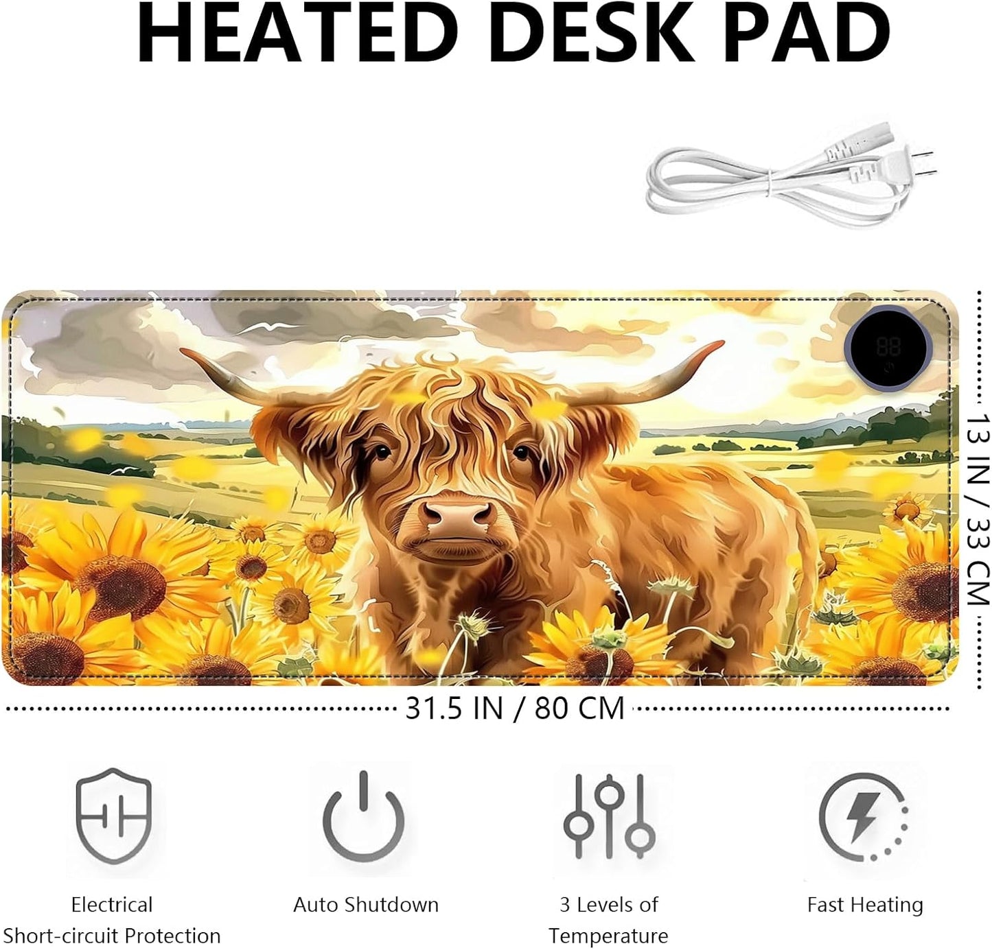 Heated Mouse Pad with 3 Levels Heated & 3 Hours Auto Shut-Off Mouse Pad for Warming Hands in Office Home, 31.5" x 13"Large Safe Desk Mat Hand Warmer，Sunflower Highland Cow