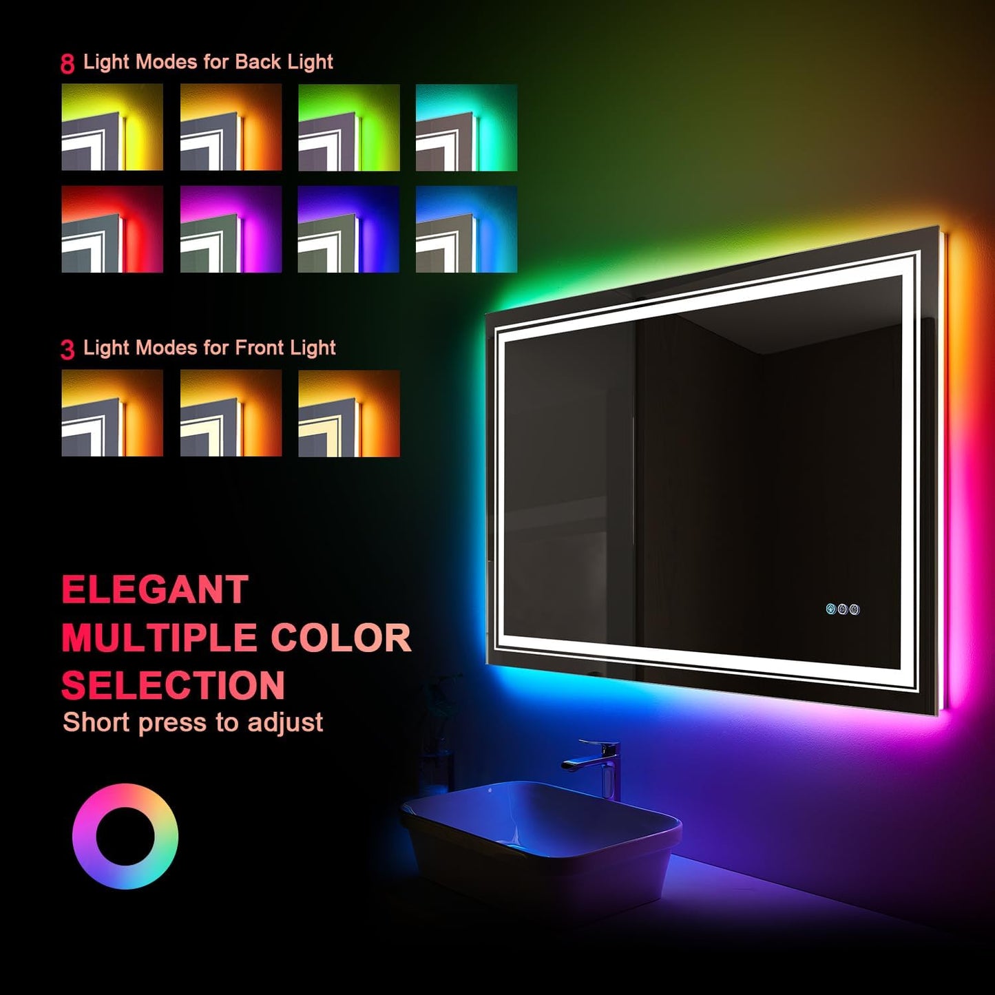 LED Mirror for Bathroom, 20"X28" with 8 RGB Backlit +3 Front Lit (Adjustable Individually), Anti-Fog, Lighted Bathroom Vanity Mirror for Wall, Shatterproof, Memory Function, Tempered Glass
