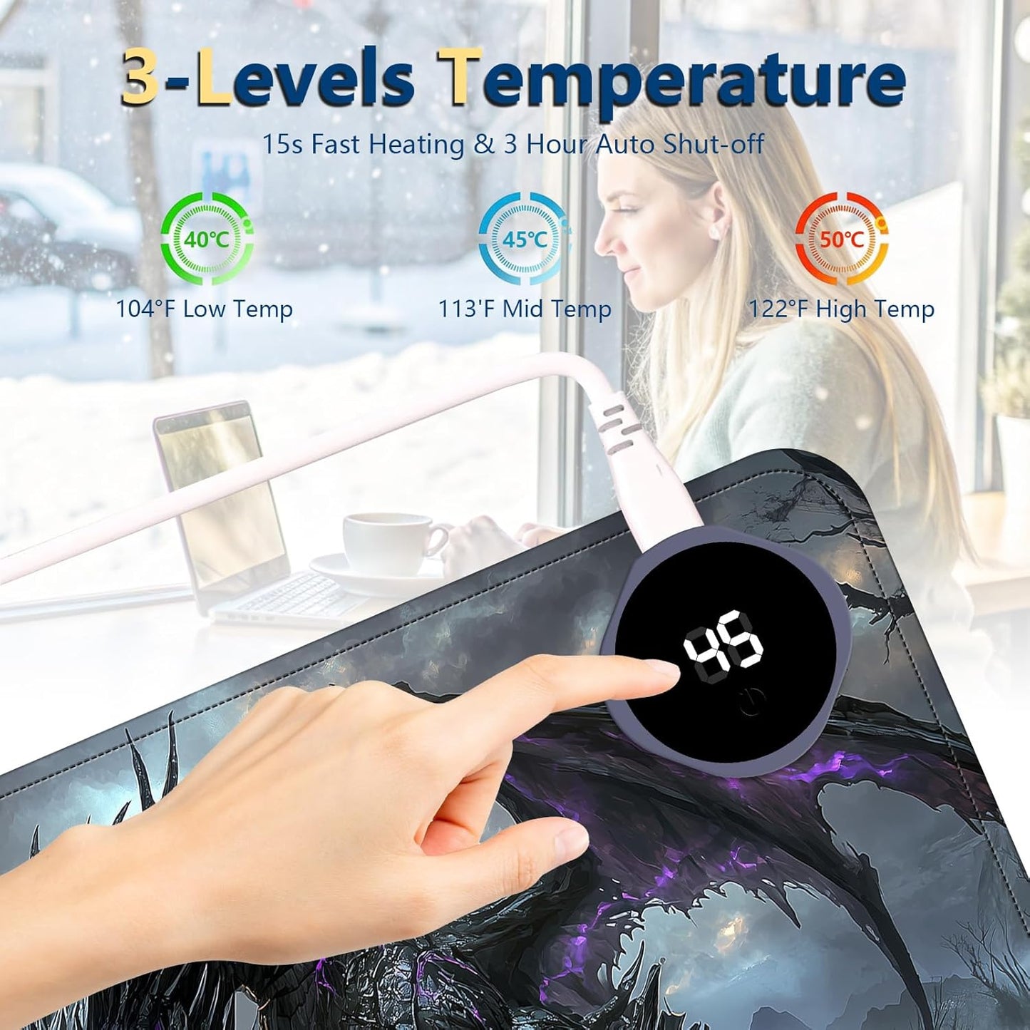 Heated Mouse Pad with 3 Temperature Settings(104°F–122°F),Large 31.5x13 Inch PU Leather Heated Desk Mat,Waterproof Warming Pad for Office,Gaming & Cold Hands Relief,Dark Dragon Fantasy