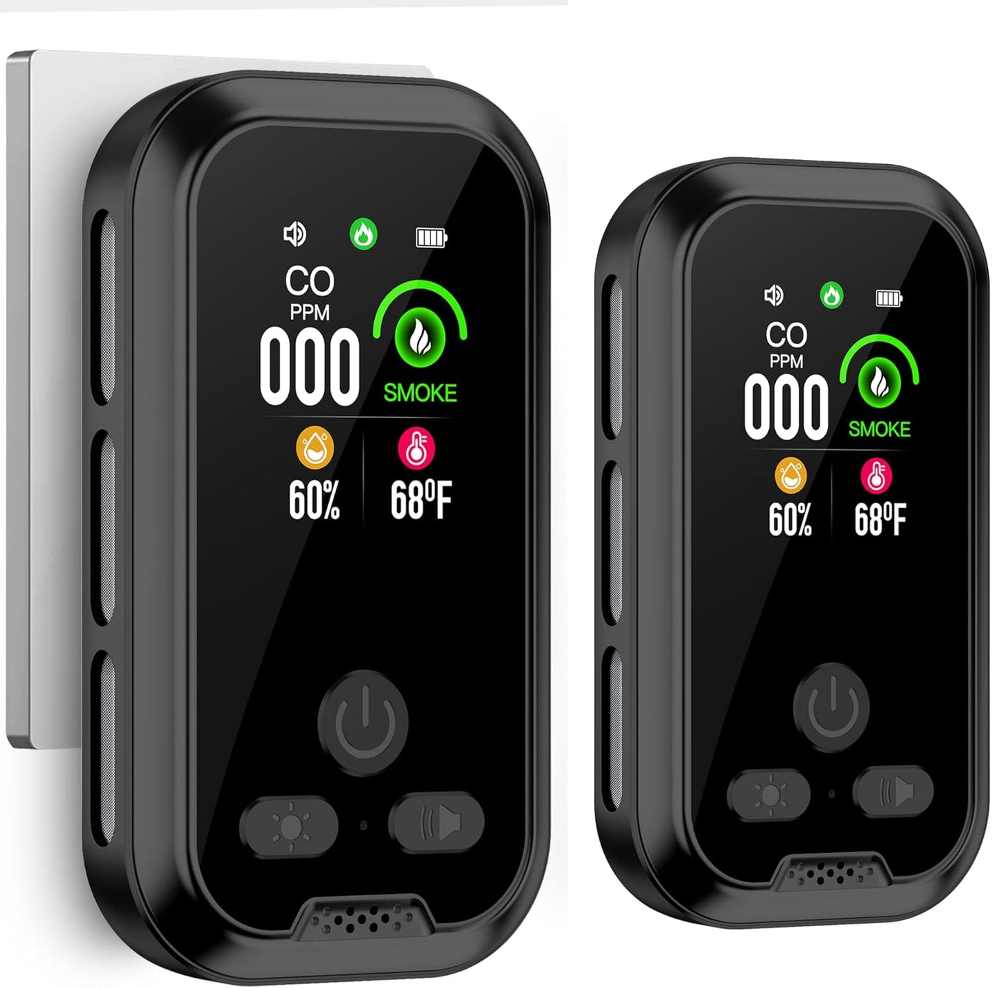 2-Pcs 4IN1 Plug in Smoke & Carbon Monoxide Detector Combination Builti-in 2000 mAh Backup Battery HD Screen [Smoke CO Temp Humidity Sensor] Alarm for Home Travel Hotel Indoor (Black)