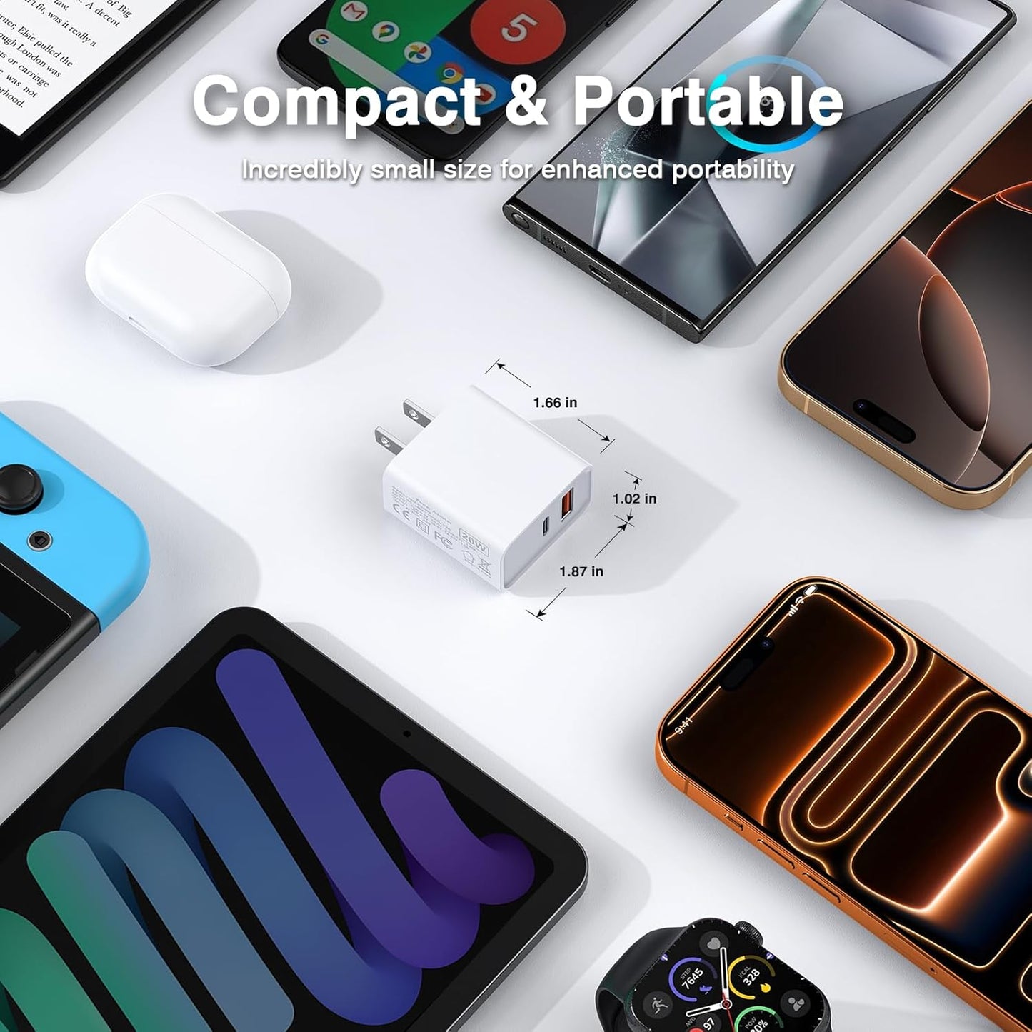2-Pack Type C Charger Adapter, 20W Multiport Fast Charge Power Brick Cube for iPhone 16/17, iPad, iPod, Samsung Galaxy, Motorola, PS5, Huawei, HTC, LG, Nokia, QC+PD 3.0 USBA Box Wall Plug