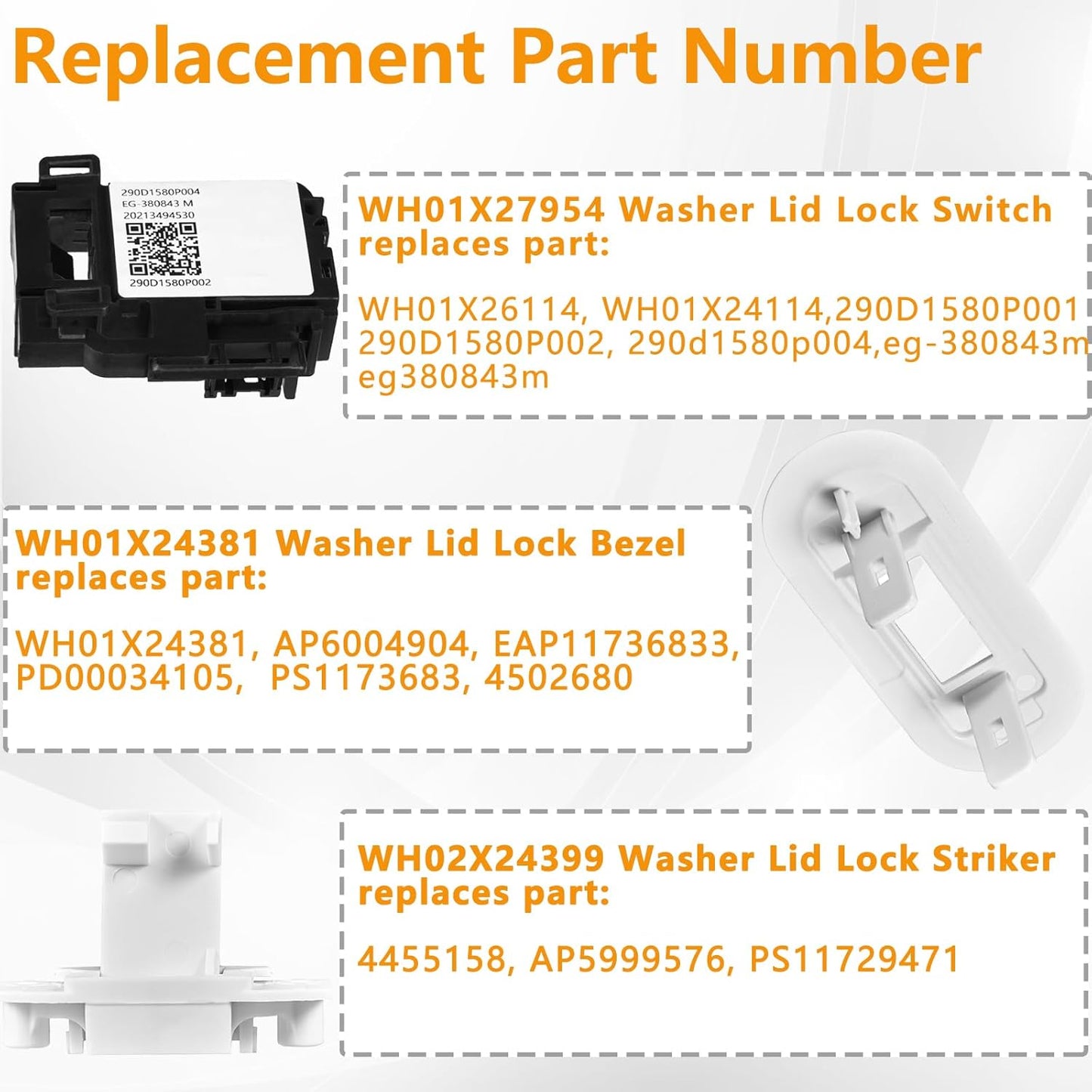 (𝟐𝟎𝟐𝟓 𝐔𝐩𝐠𝐫𝐚𝐝𝐞𝐝) WH01X27954 Washer Lid Lock Switch WH01X24381 Washer Lid Lock Bezel WH02X24399 Washer Lid Lock Striker - Compatible with GE Hotpoint Top Load Washer Replacement (3 PACKS)