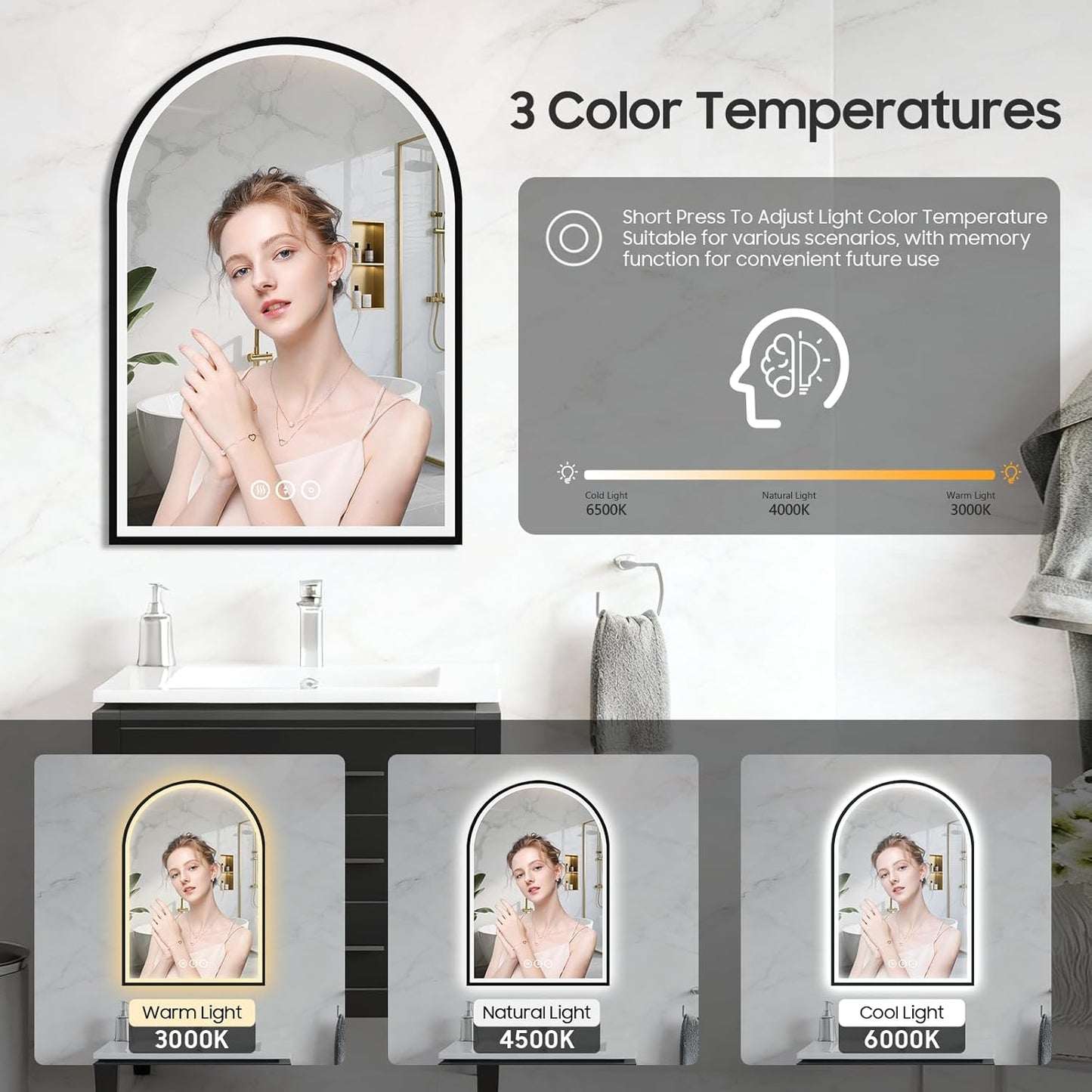 20x30 Inch Arch LED Bathroom Mirror, Black Lighted Bathroom Mirrors Wall Mounted, Vanity Mirror with Anti-Fog, Memory Function, 3 Color Temperature, Dimmable Led Mirror for Bathroom