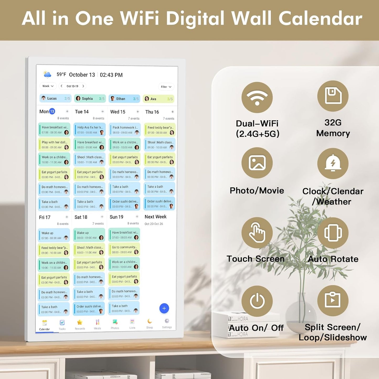 27”Smart Digital Calendar Family Meal Wall Planner - Touchscreen Interactive Calendar, Dual Mode Smart Calendar and Photo Frame, To-do Organizer, Reward System, Sync Online Calendars, Wall Mounted