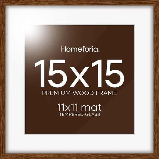 Homeforia 15x15 Picture Frame Brown, High End Dark Oak 15 x 15 Square Wood Frame with Mat 11 x 11 for Photo, 15by15 Wooden Walnut Poster Frame Matted to 11x11 Print, Tempered Glass, Wall Kit, Set of 1