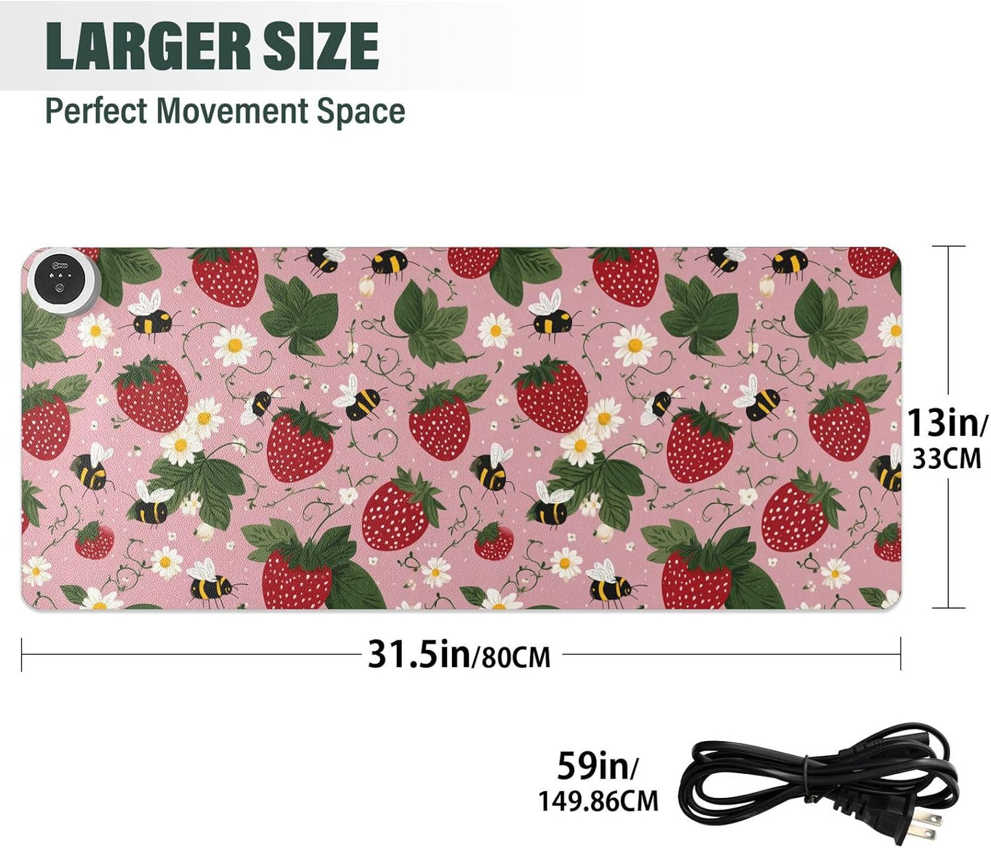 Heated Desk Pad Mouse Pad 31.5x13 Inch PU Leather Desk Mat with 3 Heat Levels Large Mouse Gaming Computer Laptop Mat Pink Bees Flowers Strawberry