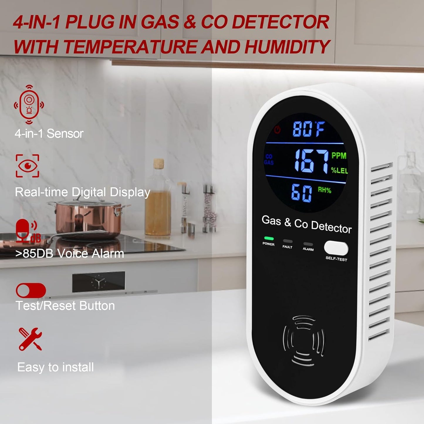 2 Packs Natural Gas & Carbon Monoxide Detector, 4-in-1 Explosive Gas & Carbon Monoxide Alarm with Temperature(°F) & Humidity for Home,RV,Hotel,Apartment