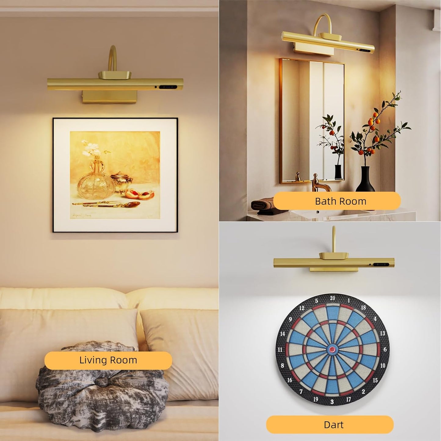 13.8inch Battery Operated Wireless Picture Light，Remote Control Painting Display Lights, Rechargeable Wall Lights with Three Modes and Power Display for Art Frame (13.8in Gold-2set)