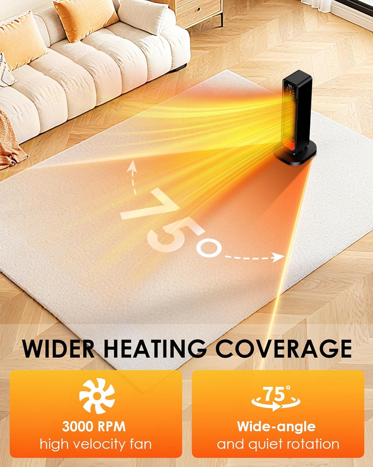 2026 New Space Heater, 1500W Portable Heater with Remote, Quiet Heating Electric Heater for Indoor, PTC Ceramic Fast and Safety Heat, 75° Oscillation & 12H Timer, for Home Bedroom Office Patio